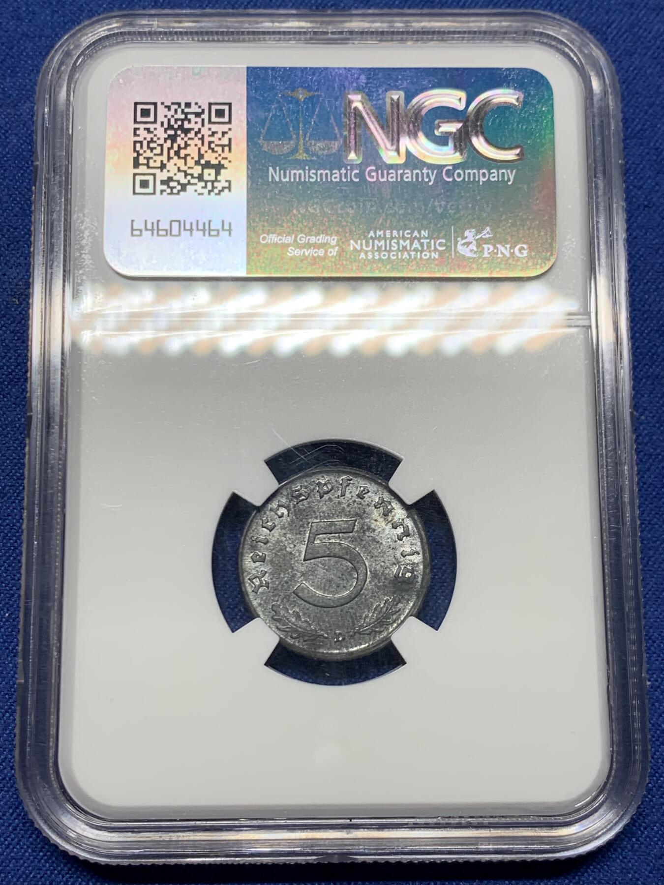 《竞宝斋》第474场 周日，周一 2场连拍 （全场包邮）欢迎送拍 NGC MS62 德国二战1942年D厂5芬尼