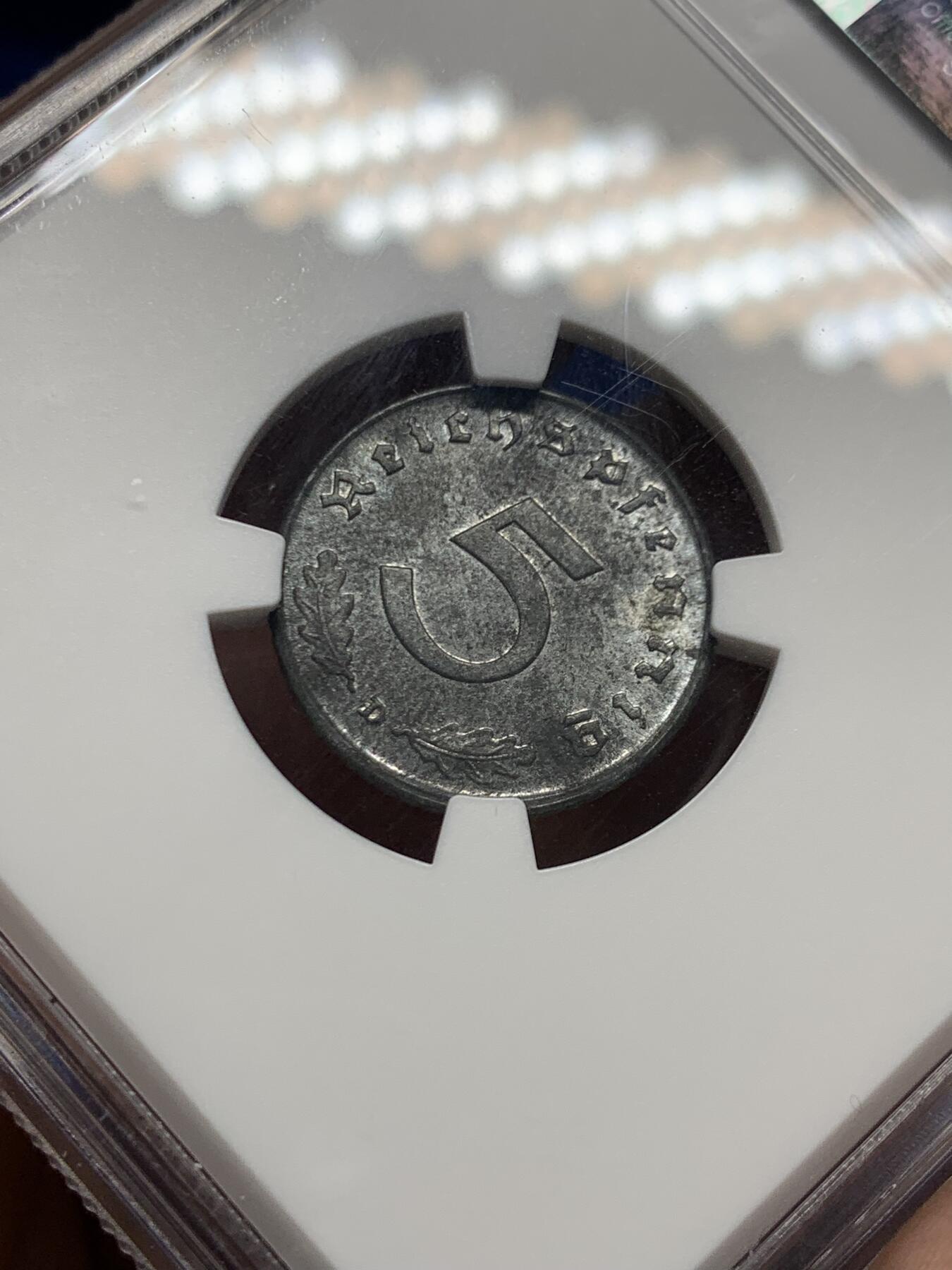 《竞宝斋》第474场 周日，周一 2场连拍 （全场包邮）欢迎送拍 NGC MS62 德国二战1942年D厂5芬尼