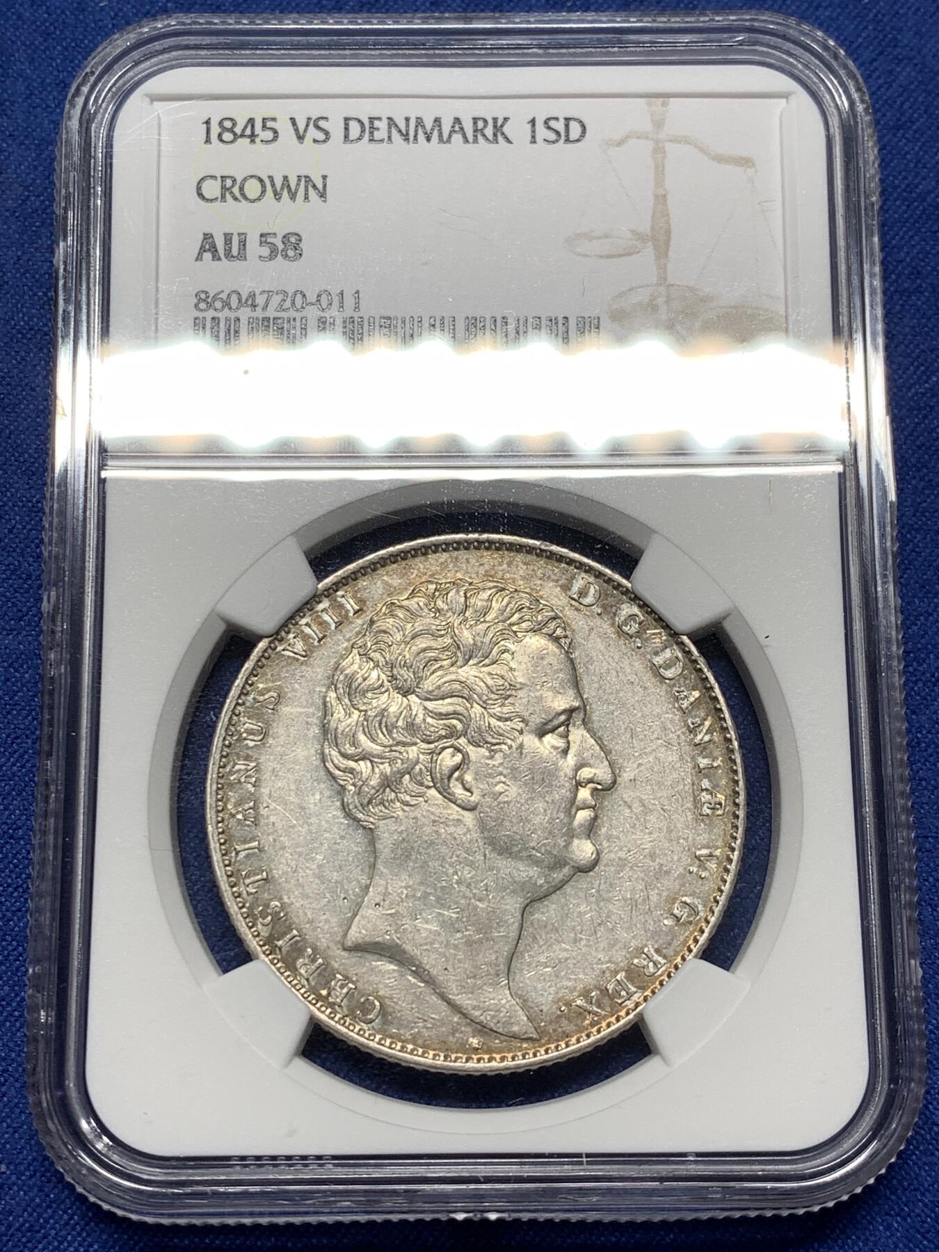 《竞宝斋》第474场 周日，周一 2场连拍 （全场包邮）欢迎送拍 NGC  AU58 丹麦 1845年 克里斯蒂安八世 1SD大银币 非常少见的品种