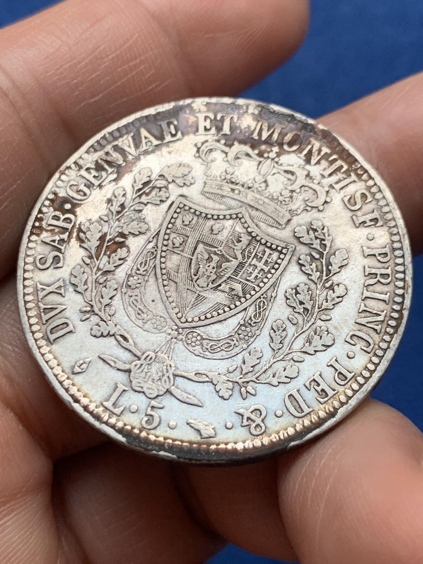 《竞宝斋》第474场 周日，周一 2场连拍 （全场包邮）欢迎送拍 意大利1825年撒丁王国5里拉大银币