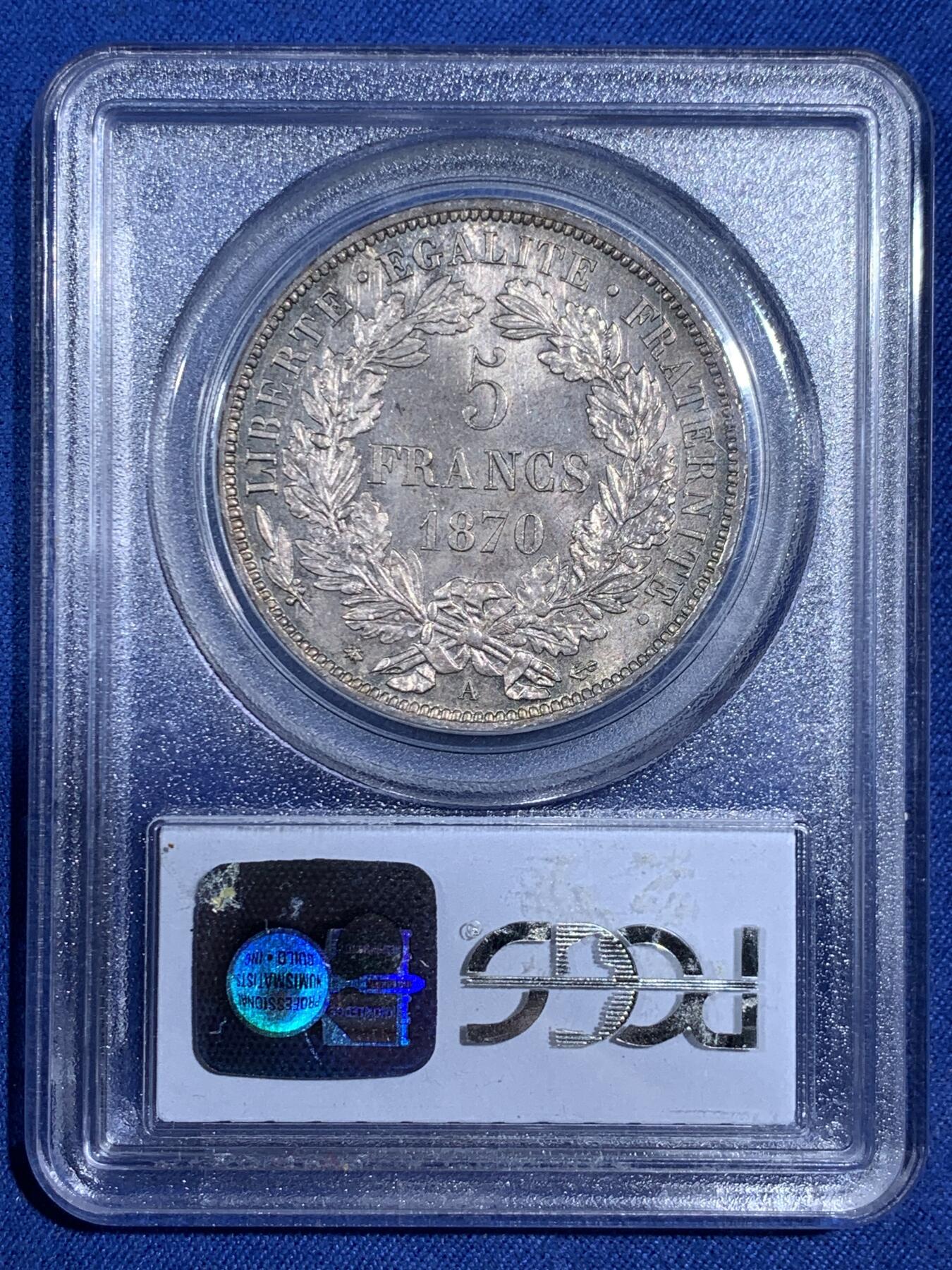 《竞宝斋》第474场 周日，周一 2场连拍 （全场包邮）欢迎送拍 PCGS MS63 法兰西第三共和国 1870A 谷物女神 5法郎 三共女神比二共少得多 此枚铸打精美 包浆老道 整体呈现灰黑色调