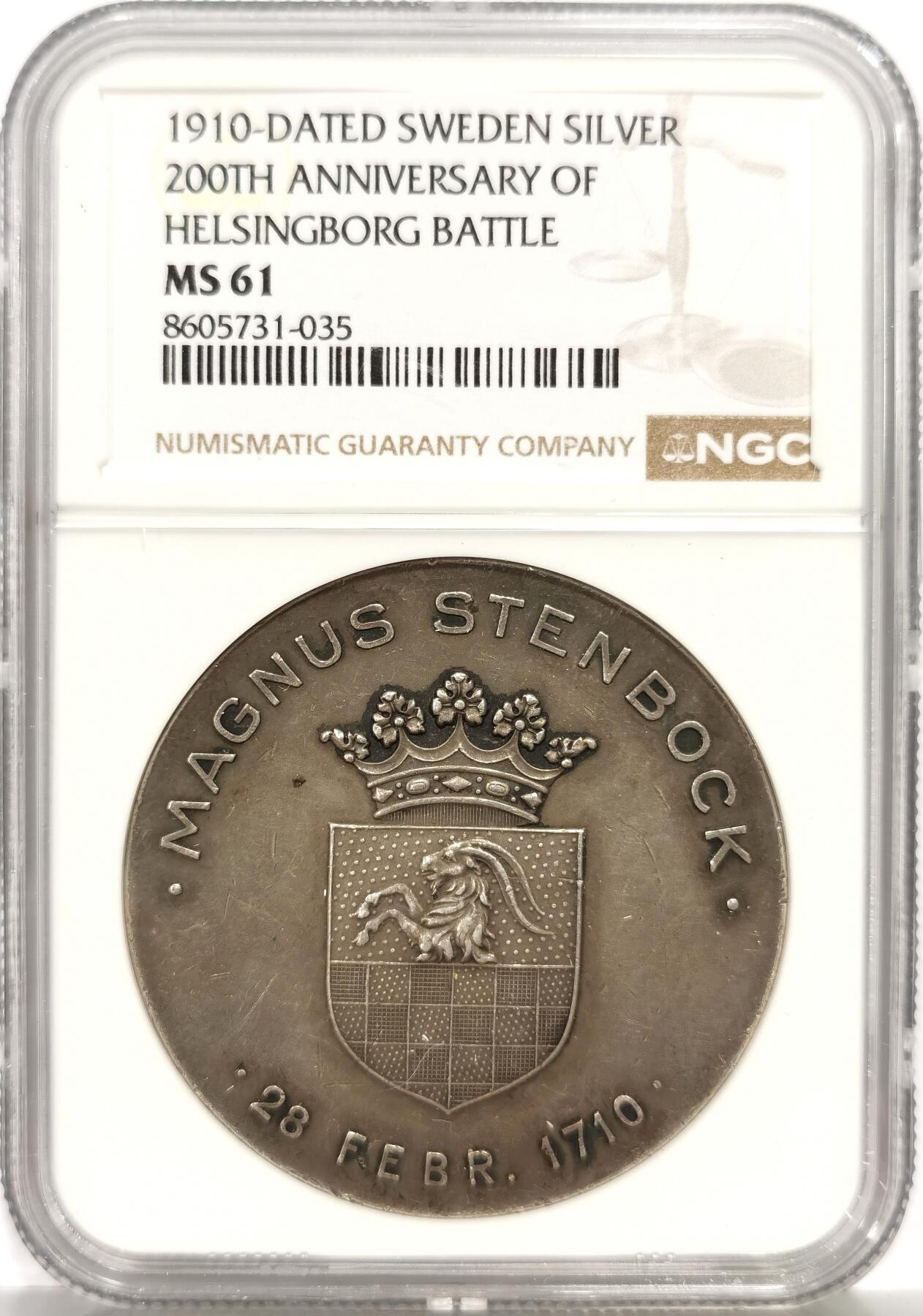博洋堂“芳菲春韵”3月精品大拍专场暨第166期（全场包邮） NGC MS61 瑞典1910年赫尔辛堡战役200周年纪念银章，1710年2月28日爆发