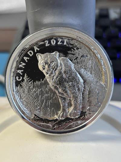 第195期拍卖 - 加拿大2021年美洲狮多层雕刻立体镂空105.6克银币，9999银，105.6克，发行1500枚