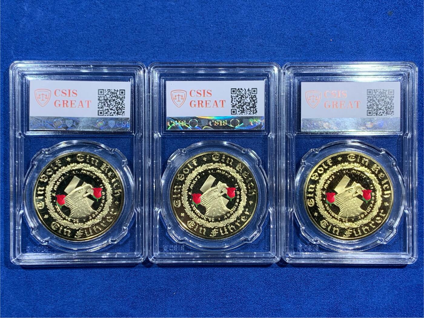 《竞宝斋》第474场 周日，周一 2场连拍 （全场包邮）欢迎送拍 三枚一组 CSIS PF69UC 小胡子右像 后铸镀金纪念章 原型为德三名品C47 1933年德国社会主义工人党党魁大事记纪念章