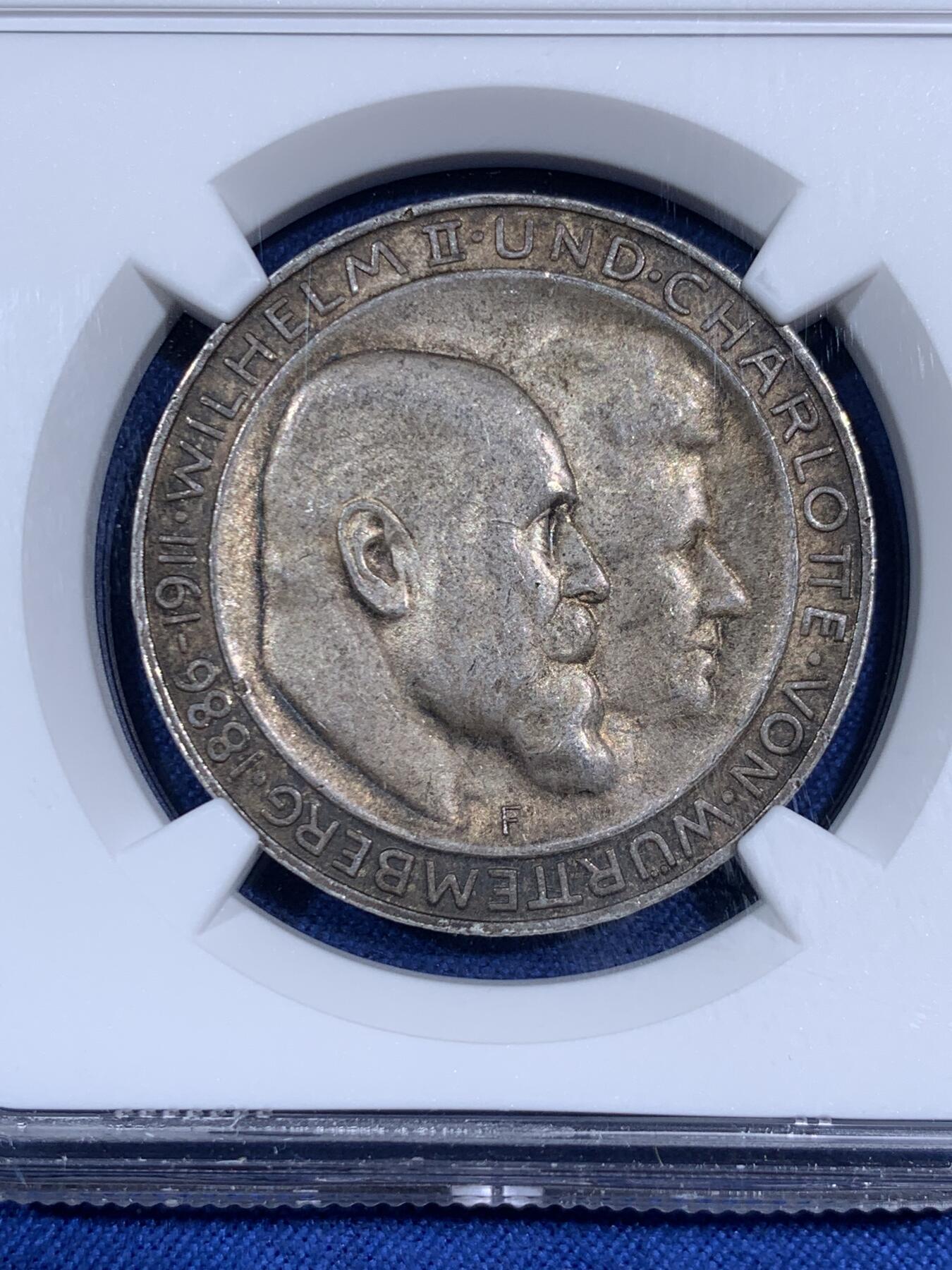 《竞宝斋》第474场 周日，周一 2场连拍 （全场包邮）欢迎送拍 NGC MS63 德国1911年符腾堡银婚3马克银币，双面均匀老包浆，转光好品。