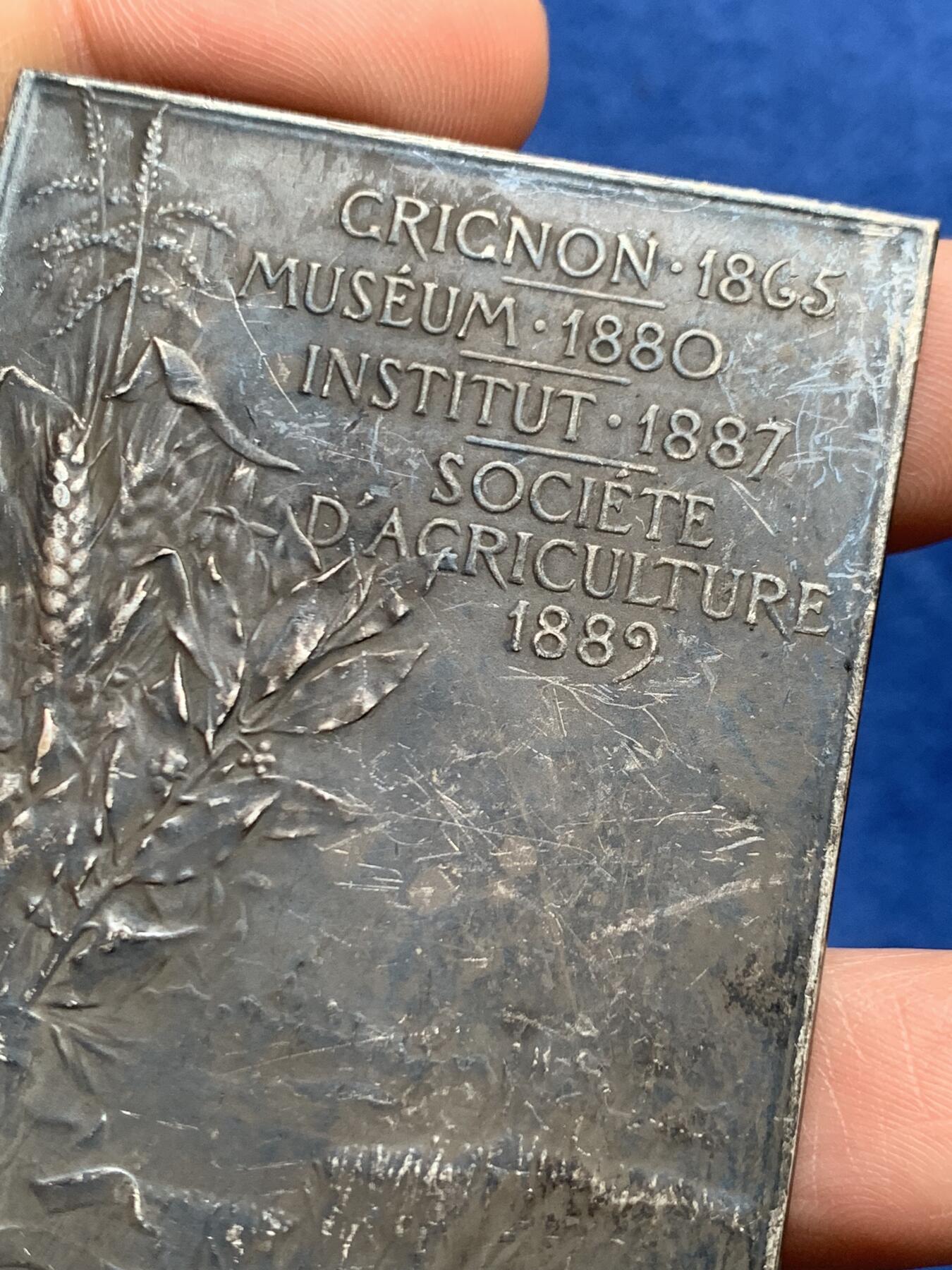 《竞宝斋》第474场 周日，周一 2场连拍 （全场包邮）欢迎送拍 1902年名家F.VERNON作法国农学家、科学院成员及荣誉军团军官皮埃尔-保罗·德埃兰纪念方型镀银铜章 105.7克 49.2*69.8mm 丰饶角铜标