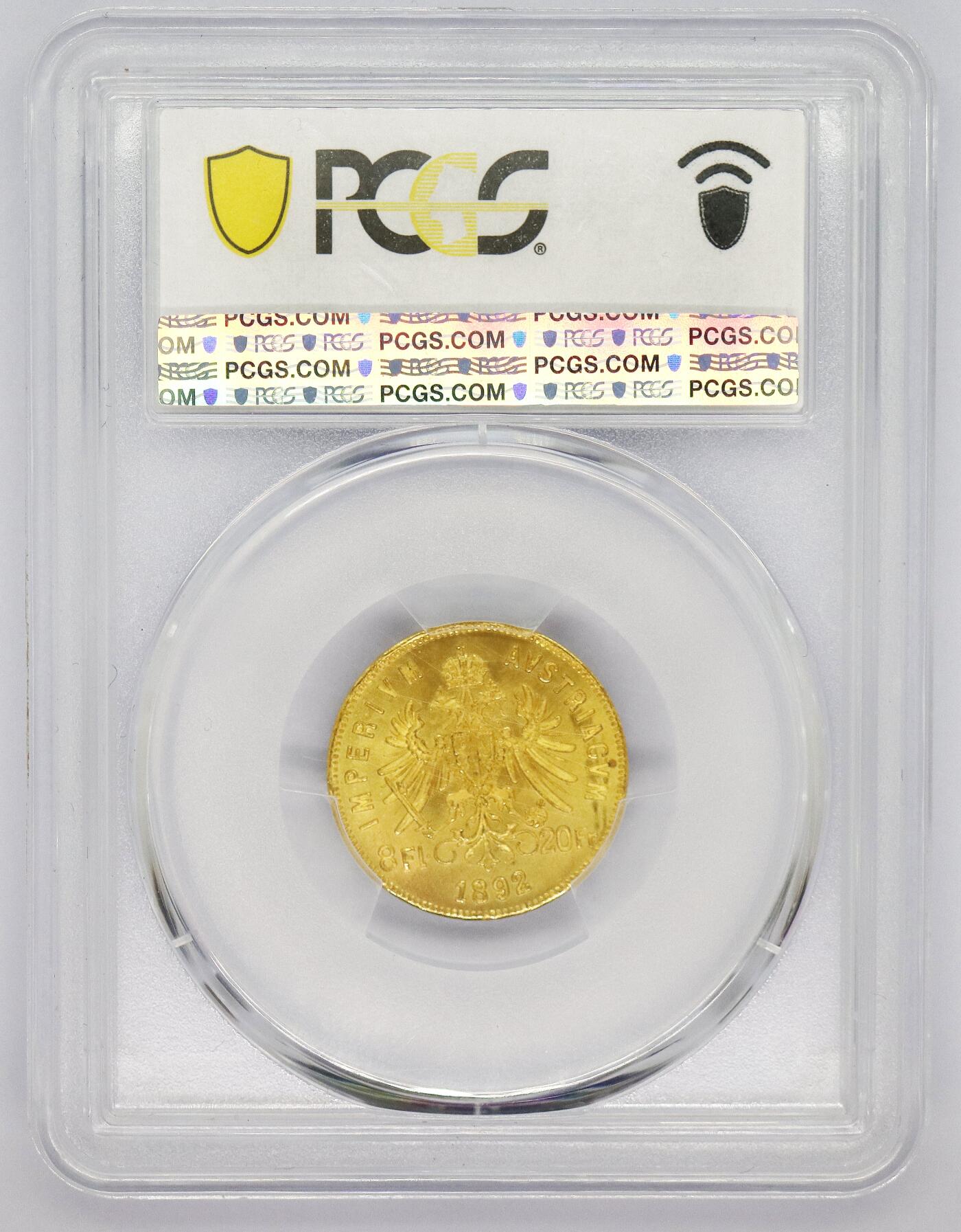 观钱 近现代机制币拍卖No.005（全场顺丰包邮，不区分偏远地区）  奥地利 1892 年 8 弗洛林（20 法郎）维也纳造币厂后铸金币（Restrike） 6.45 克 PCGS MS66
