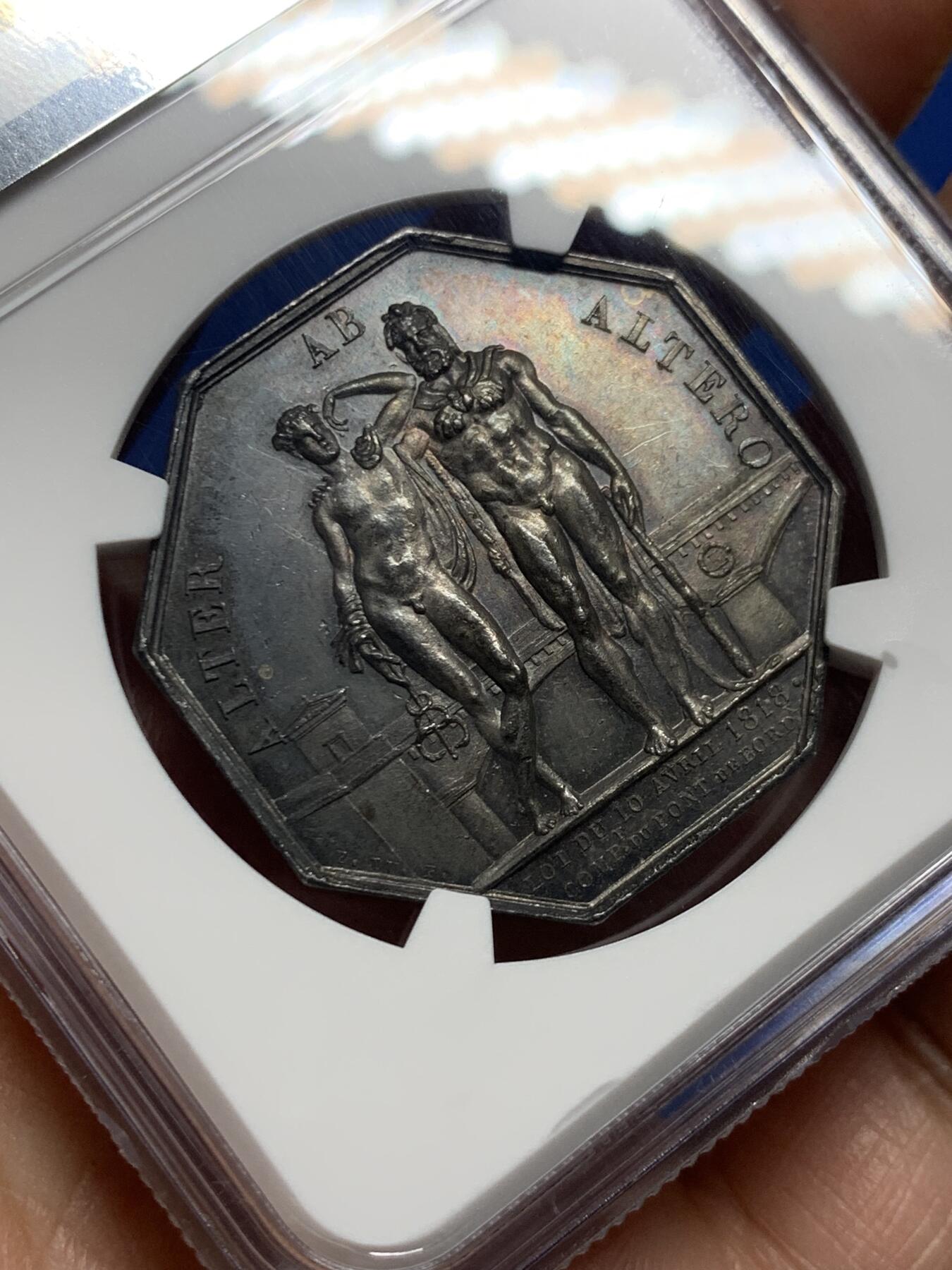 《竞宝斋》第474场 周日，周一 2场连拍 （全场包邮）欢迎送拍 NGC MS62 法国1819年波尔多八角银质代币，深彩包浆，手指边铭，稀少品。正面：路易十八侧面像，背面：以波尔多桥梁为背景，墨丘利与大力神