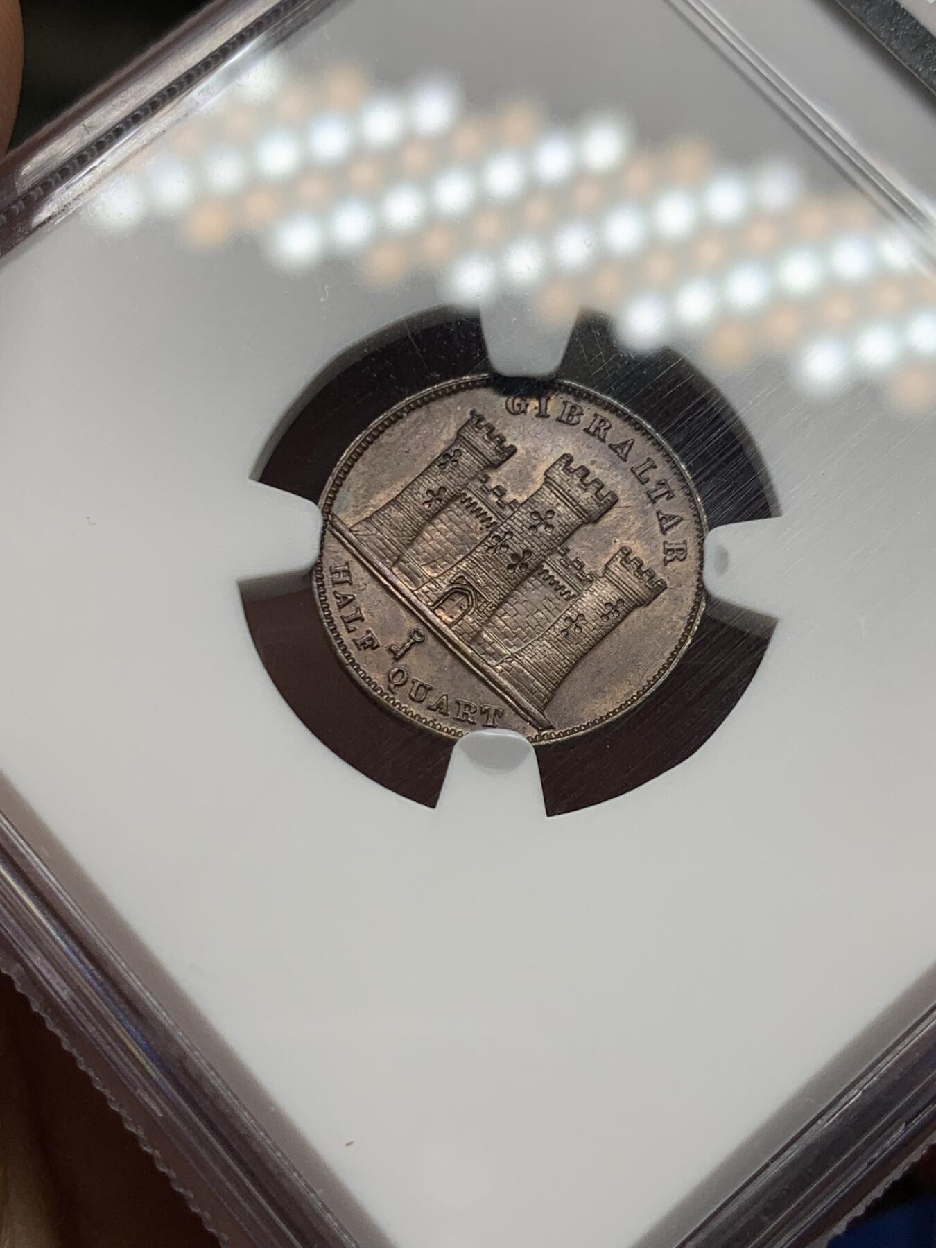 《竞宝斋》第474场 周日，周一 2场连拍 （全场包邮）欢迎送拍 亚军分 NGC  MS63BN 直布罗陀 1842 小维 1/2QUART铜币 稀见品种