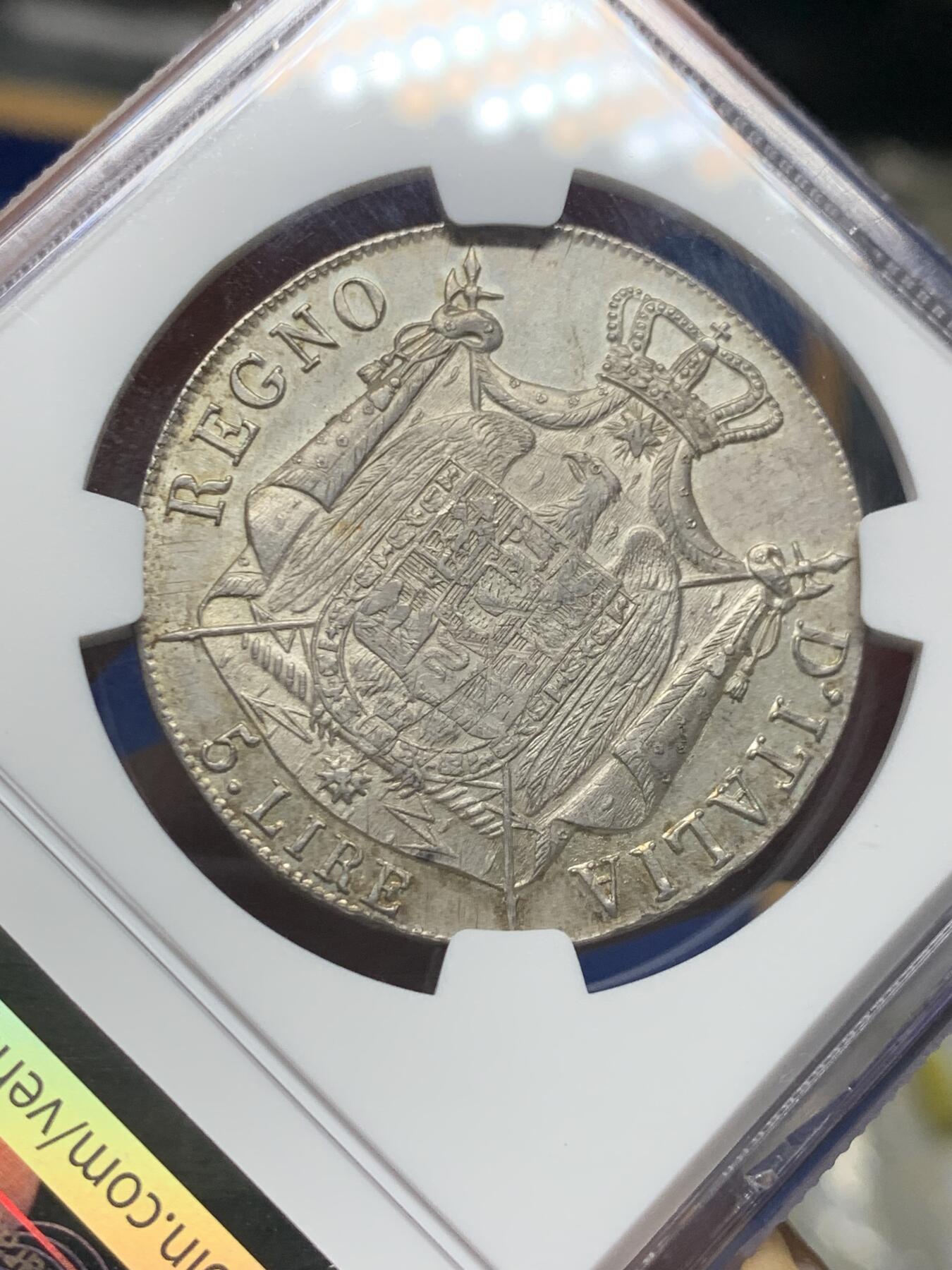 《竞宝斋》第474场 周日，周一 2场连拍 （全场包邮）欢迎送拍 NGC UNCD 拿破仑一世1810年意大利王国5里拉银币