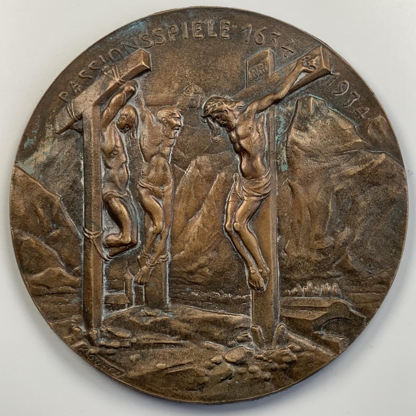 掌中浮雕-藏着的欧洲第056场 1934年巴伐利亚为纪念黑死病受害者演出《耶稣受难剧》300周年纪念单面铜章，（首演于1634年），138mm，大师卡尔哥茨作品