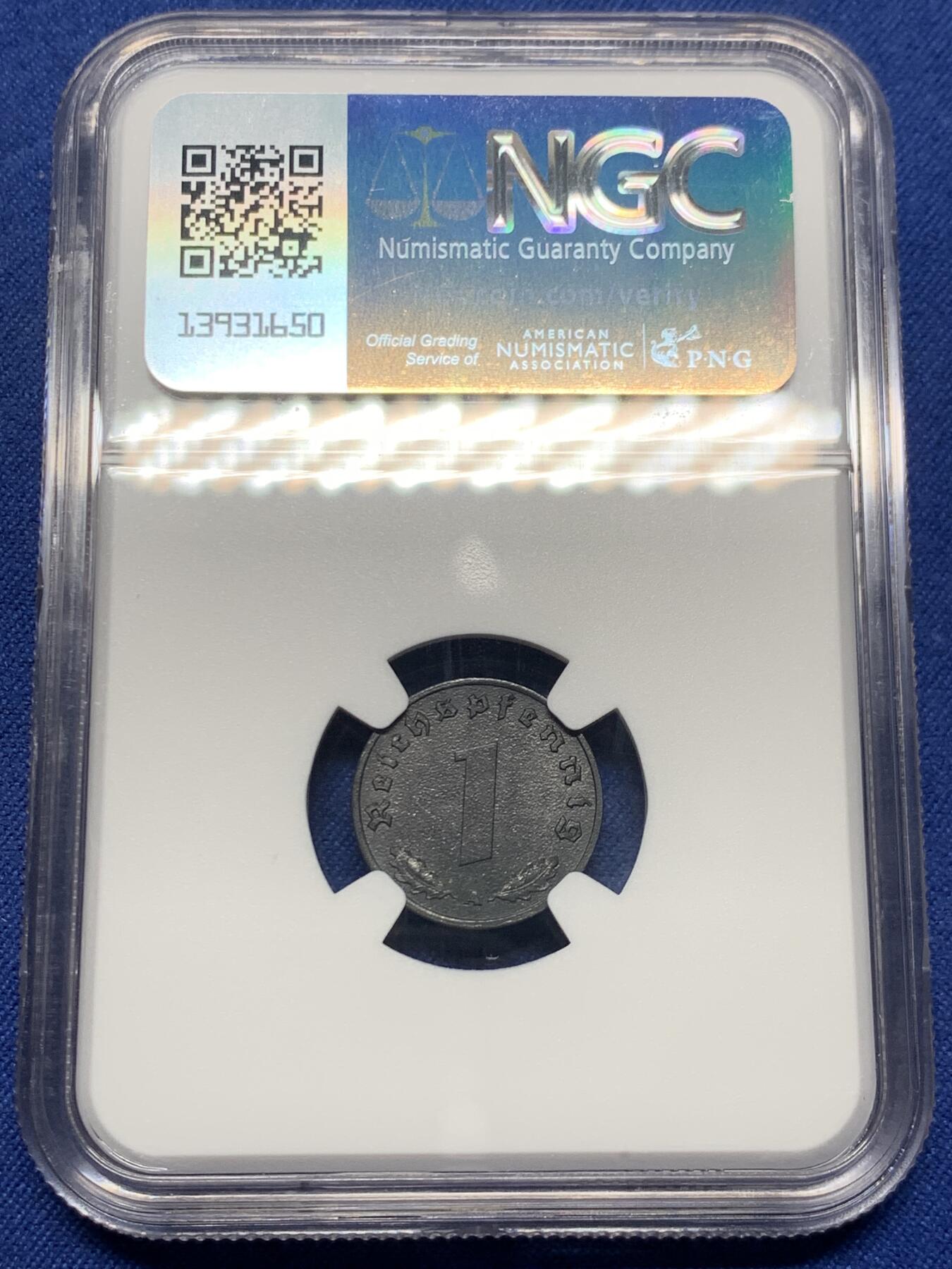 《竞宝斋》第474场 周日，周一 2场连拍 （全场包邮）欢迎送拍 NGC MS62 德国二战1940年A厂1芬尼