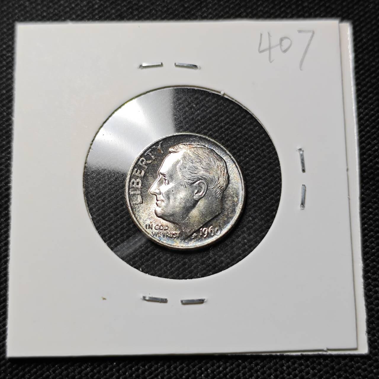 KK钱币收藏小铺   套币专场 2月预留时间 周末发货  1960美国10分银币 带黑彩漂亮 好品