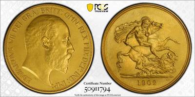 万国钱币拍卖第063期 - PCGS PR62 1902年英国爱德华七世精制5镑马剑大金币 发行量8066枚 爱德华七世治下发行的唯一款5镑大金 全套最大面值 厚重压手大金饼 采用了独特的Matte Proof工艺 使币面散发出柔和舒适的光泽不管是收藏还是投资皆属一流之选 39.94g 917金