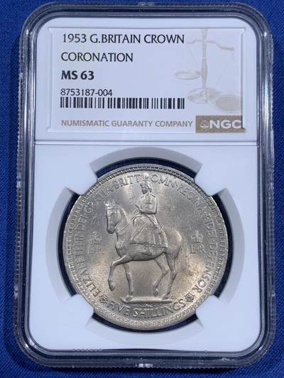 《竞宝斋》第474场 周日，周一 2场连拍 （全场包邮）欢迎送拍 - NGC MS63 英国1953年伊丽莎白二世登基纪念克朗，原光好品。