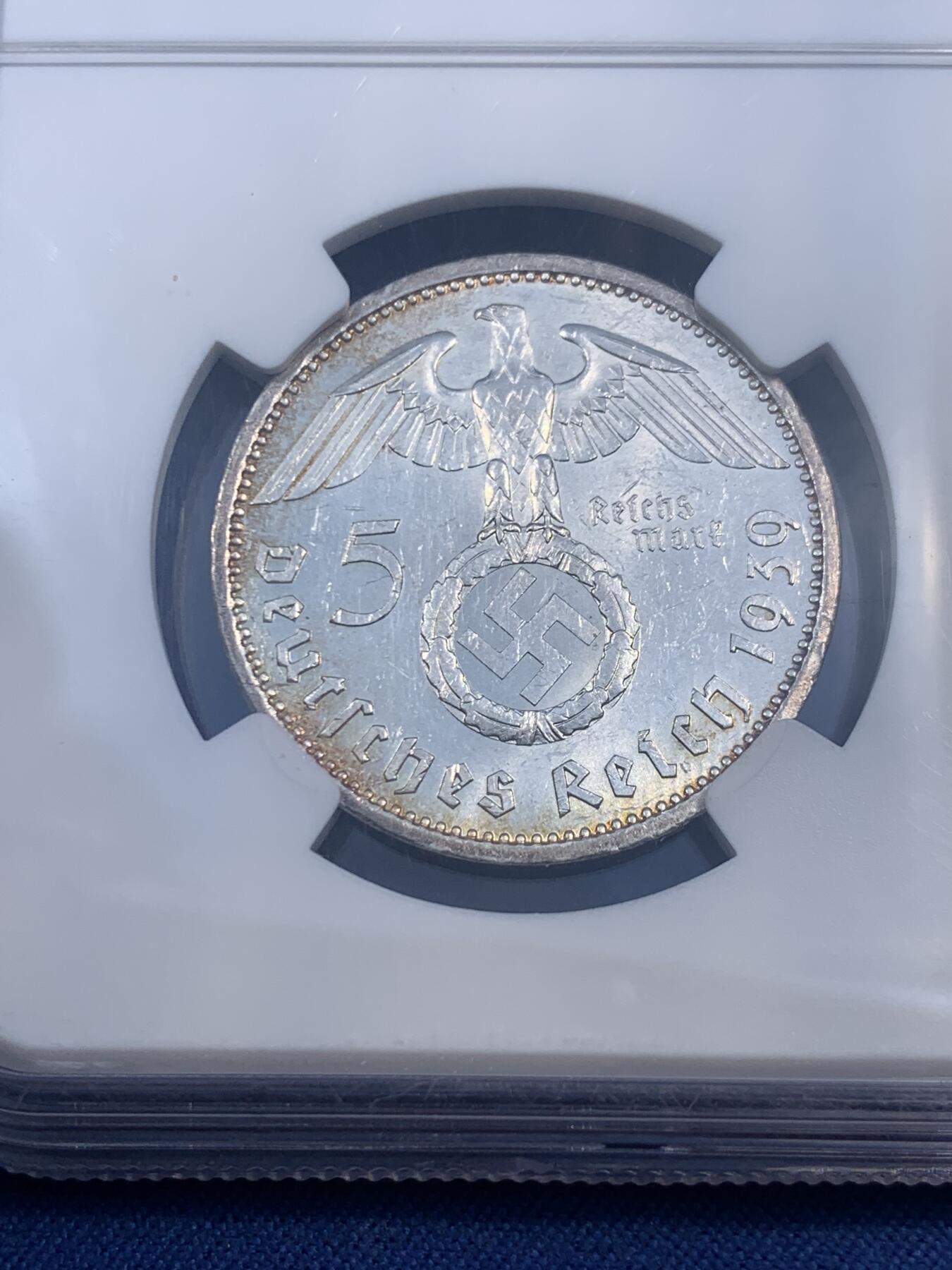 《竞宝斋》第474场 周日，周一 2场连拍 （全场包邮）欢迎送拍 NGC MS62 德国1939A兴登堡头像5马克银币