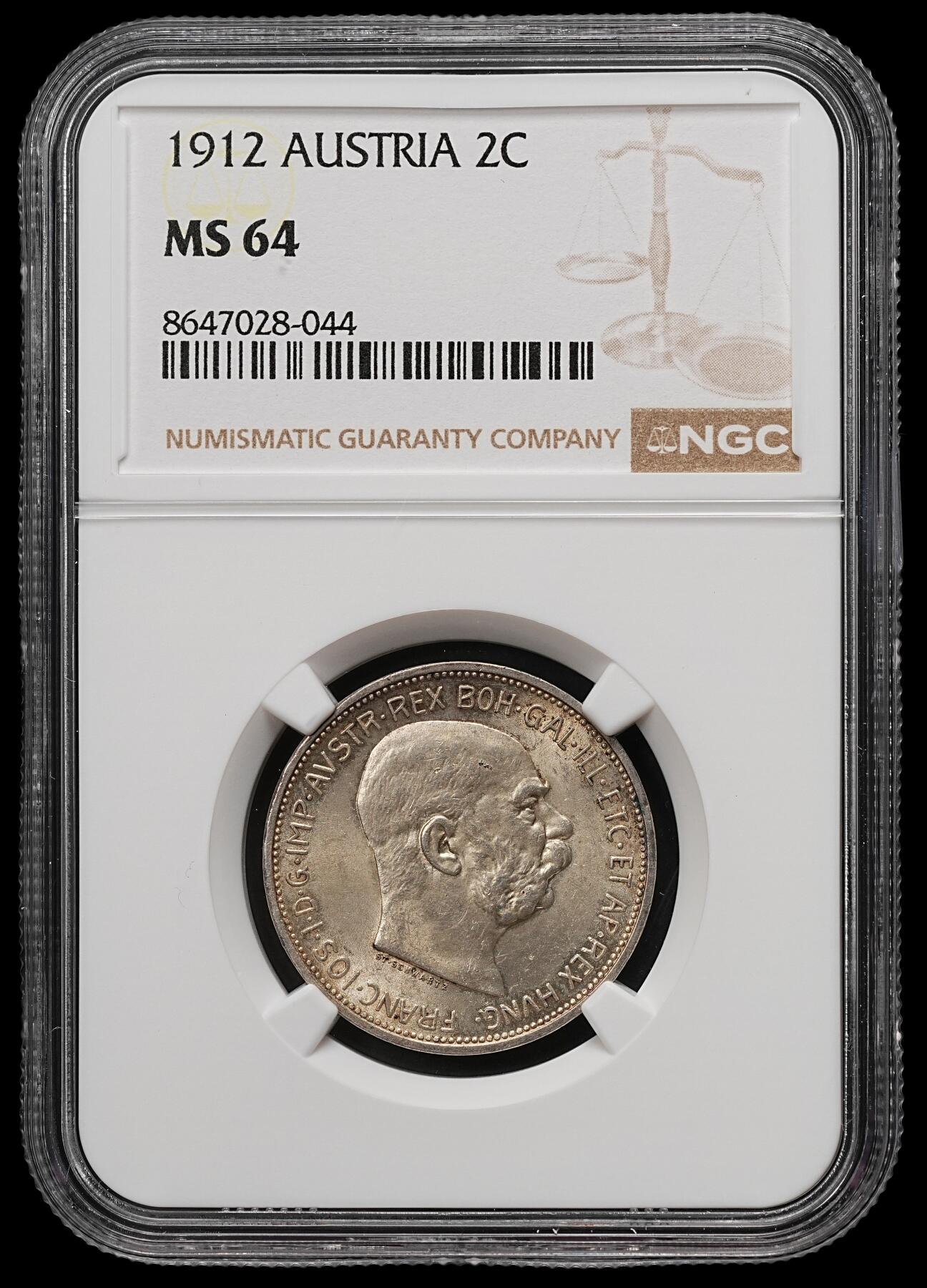 修遠堂世界钱币第109期 NGC MS64 1912年奥匈帝国-奥地利2克朗银币