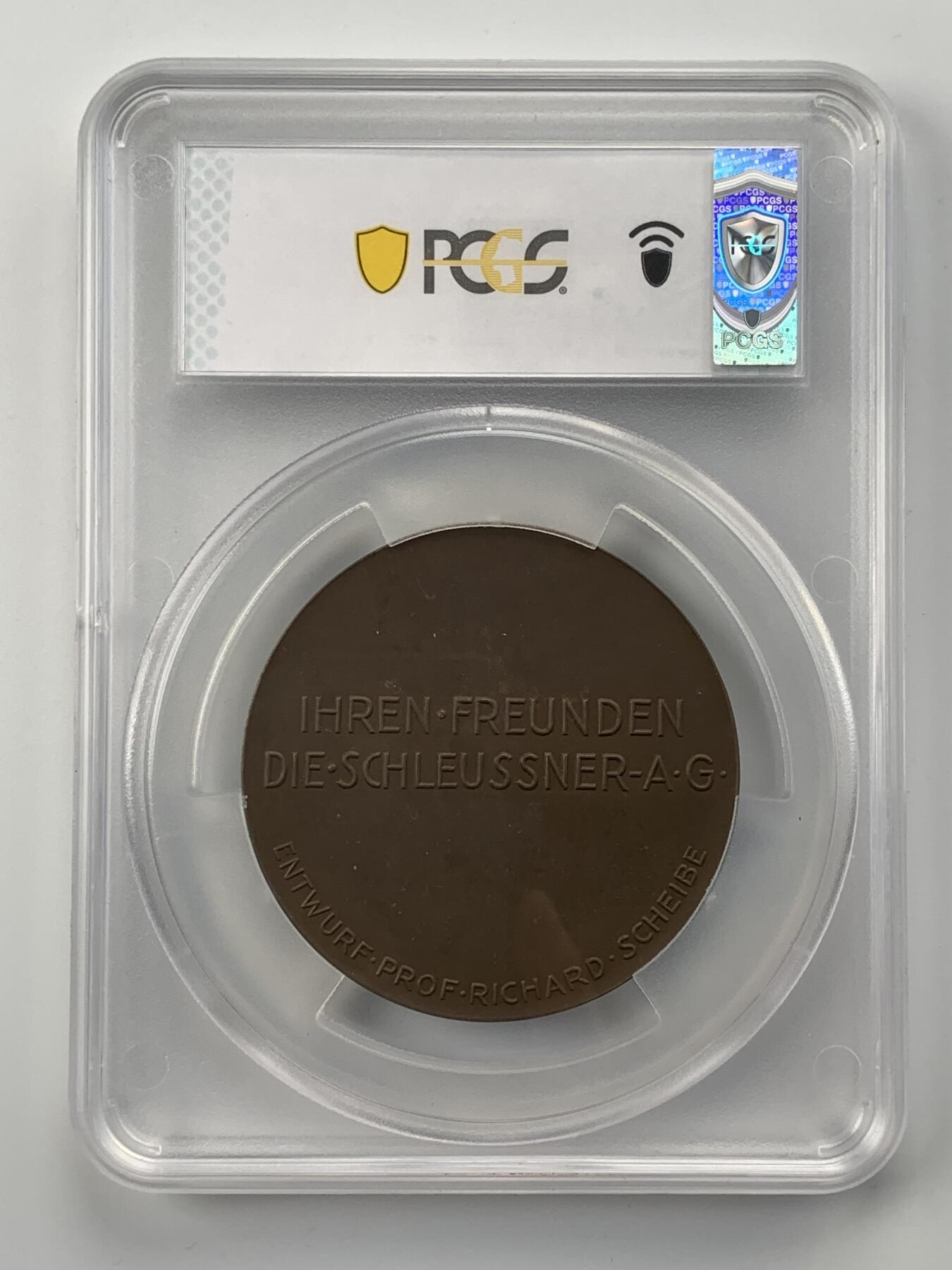 掌中浮雕-藏着的欧洲第056场 PCGS MS63 : 1935年德国金属制品公司Schleussner成立75周年纪念铜章，60mm，该公司以铜器、奖章制造闻名。