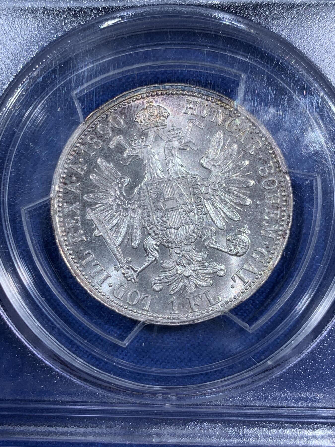 《竞宝斋》第474场 周日，周一 2场连拍 （全场包邮）欢迎送拍 PCGS MS63 奥匈帝国1890年弗朗茨二世1福林银币 老盒子严评，这个年份也不常见，整体状态极好