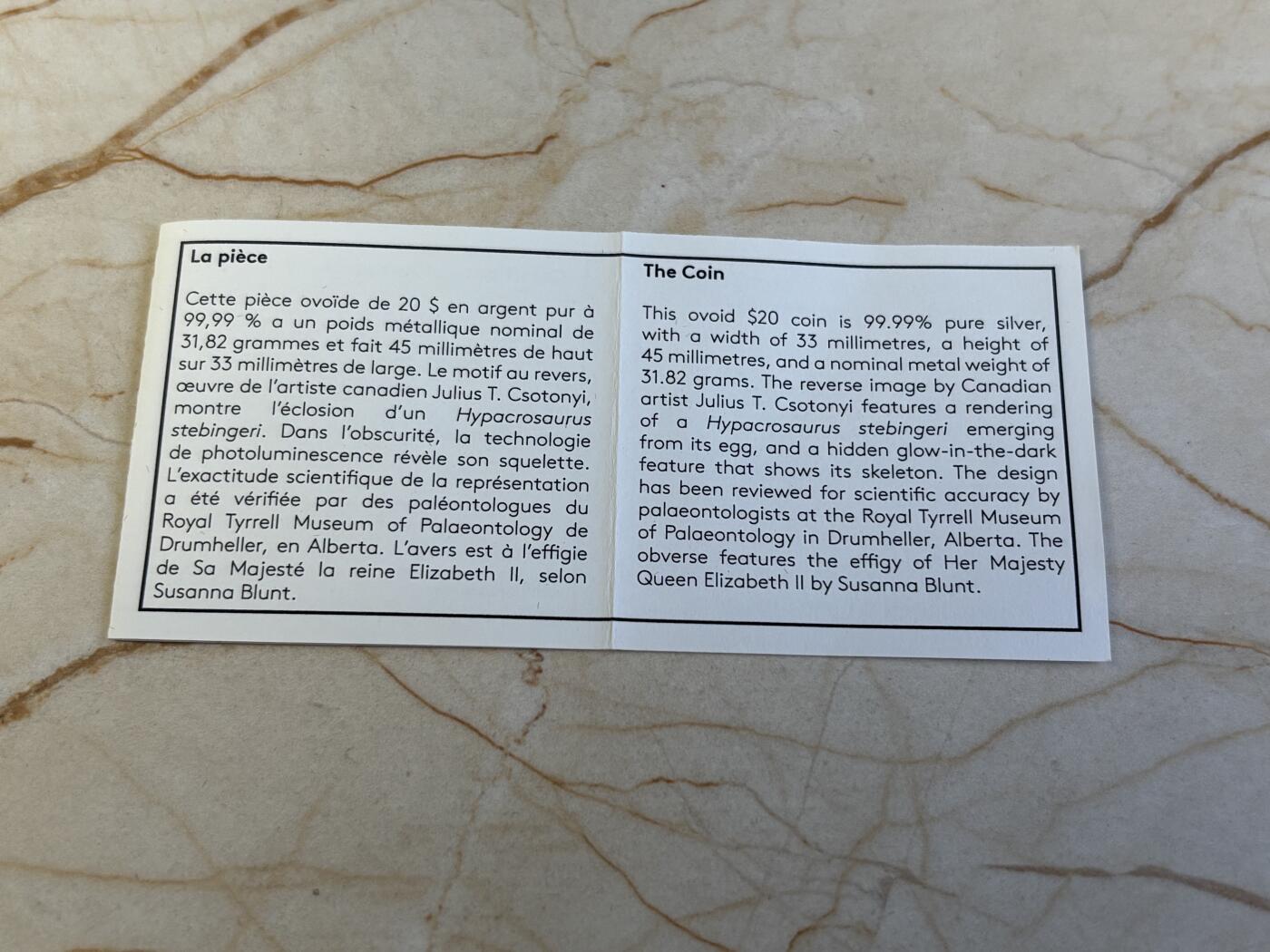 第195期拍卖 加拿大2019年恐龙蛋鸭嘴龙夜光1盎司纪念银币，9999银，发行4000枚