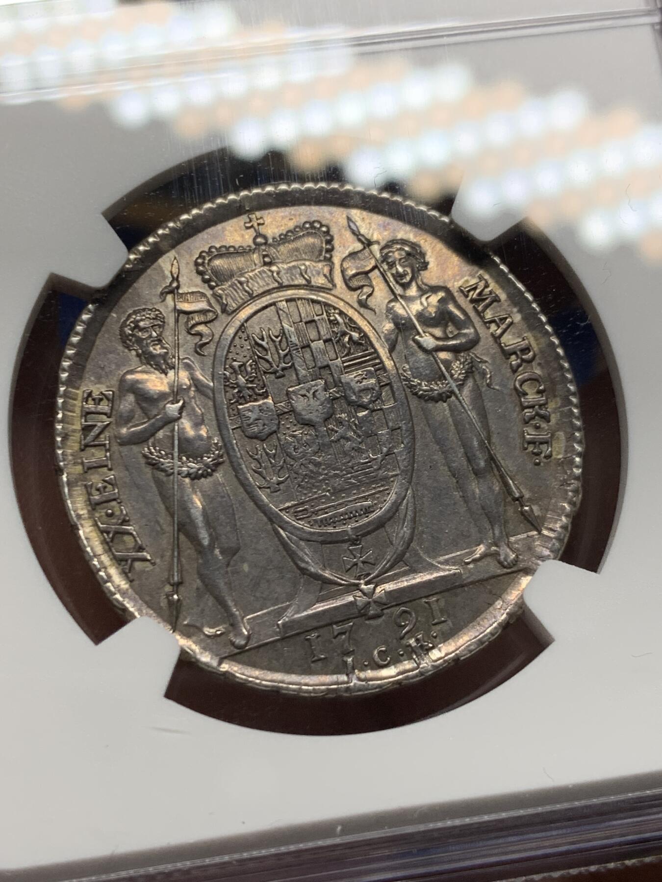 《竞宝斋》第474场 周日，周一 2场连拍 （全场包邮）欢迎送拍 NGC AU50 德国 1791年 施瓦茨堡-鲁多尔施塔特公国  弗里德里希·卡尔 1/2泰勒银币 高点清晰 些许低评 很难见到的品种