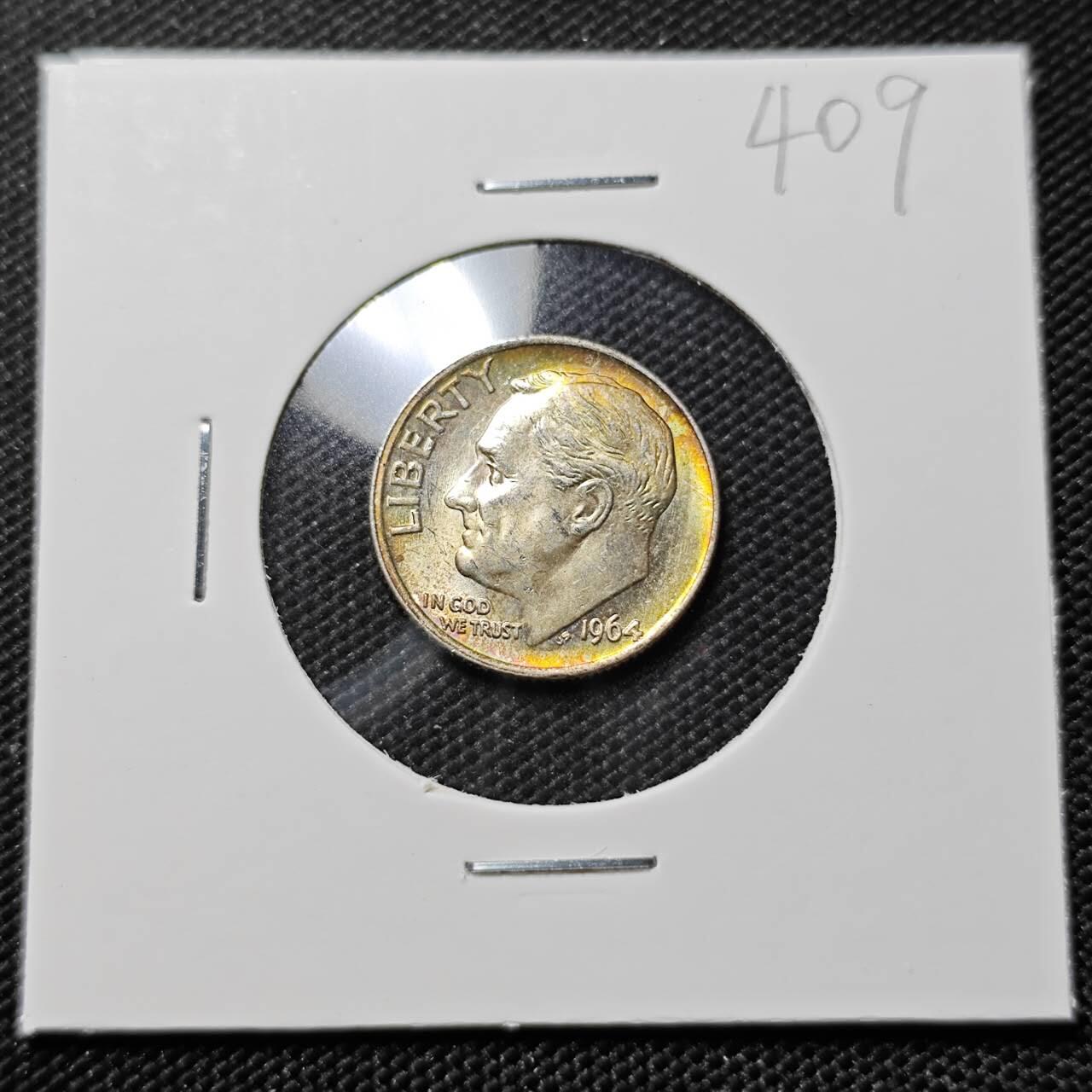 KK钱币收藏小铺   套币专场 2月预留时间 周末发货  1964美国10分银币 带彩漂亮