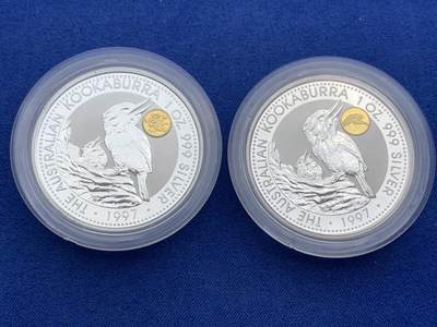 《竞宝斋》第474场 周日，周一 2场连拍 （全场包邮）欢迎送拍 - 两枚一组 澳大利亚 1997年 笑翠鸟 金龙/金凤镶嵌银币 每枚含纯银1盎司999银（镶嵌部分重约0.5克黄金）