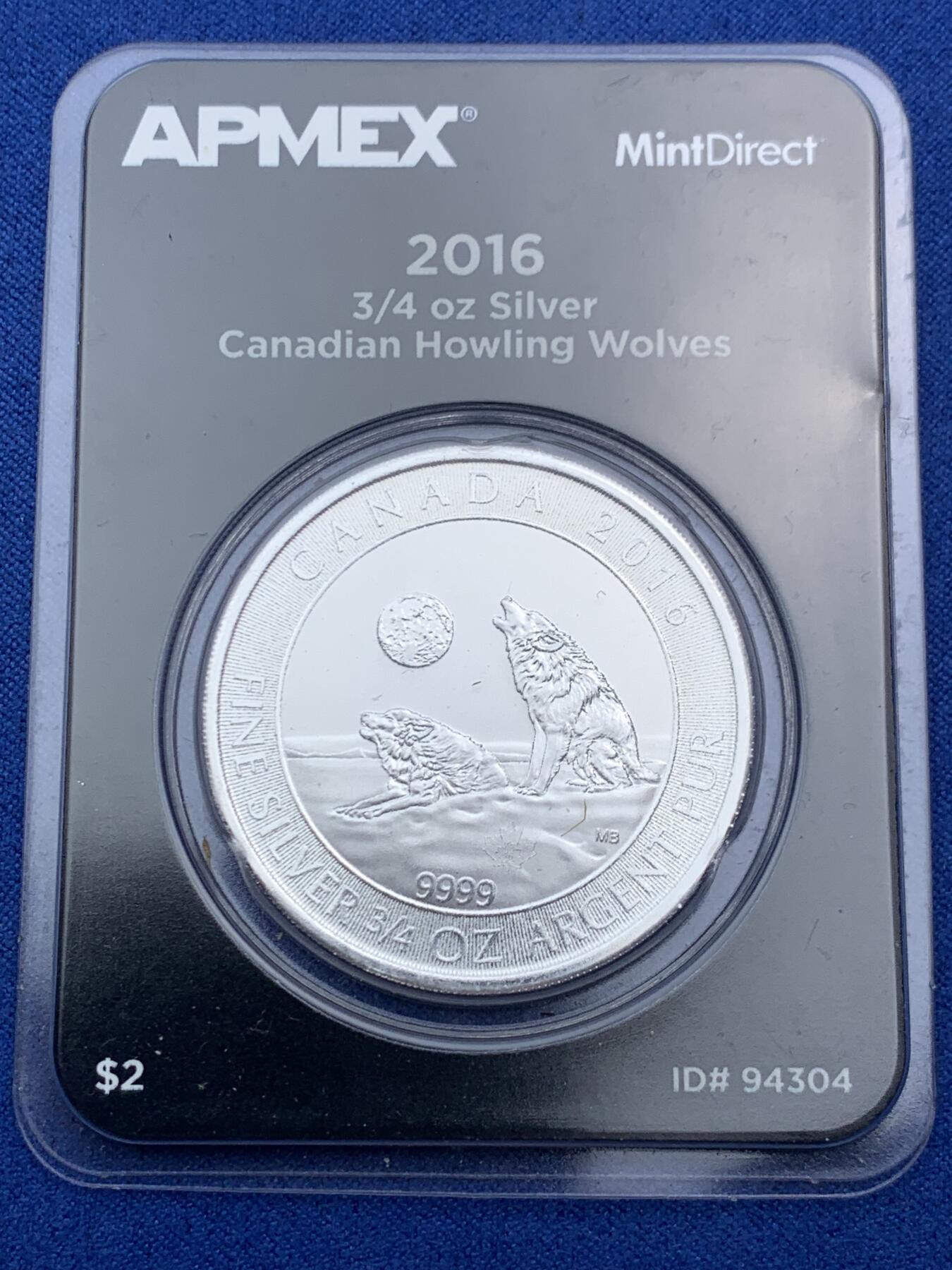 《竞宝斋》第474场 周日，周一 2场连拍 （全场包邮）欢迎送拍 加拿大2016年嚎叫的狼2加元银币 3/4盎司 23.3克 999银 纯银卡币
