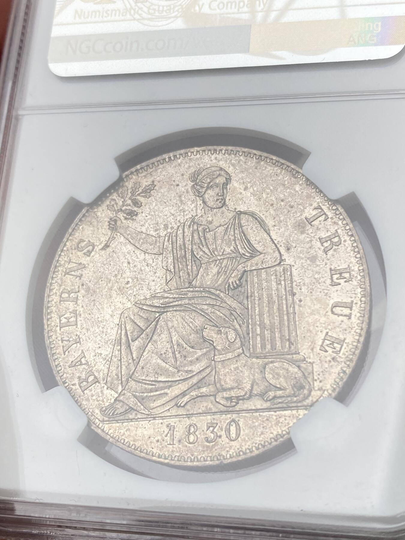 万国钱币拍卖第063期 NGC MS61 1830年德国巴伐利亚忠于皇室历史大泰勒 路德维希一世敕令发行 用于感激1830年德国社会主义运动中巴伐利亚人民对王室的忠诚 双面德式淡彩环绕轻微类镜面质感状态难得