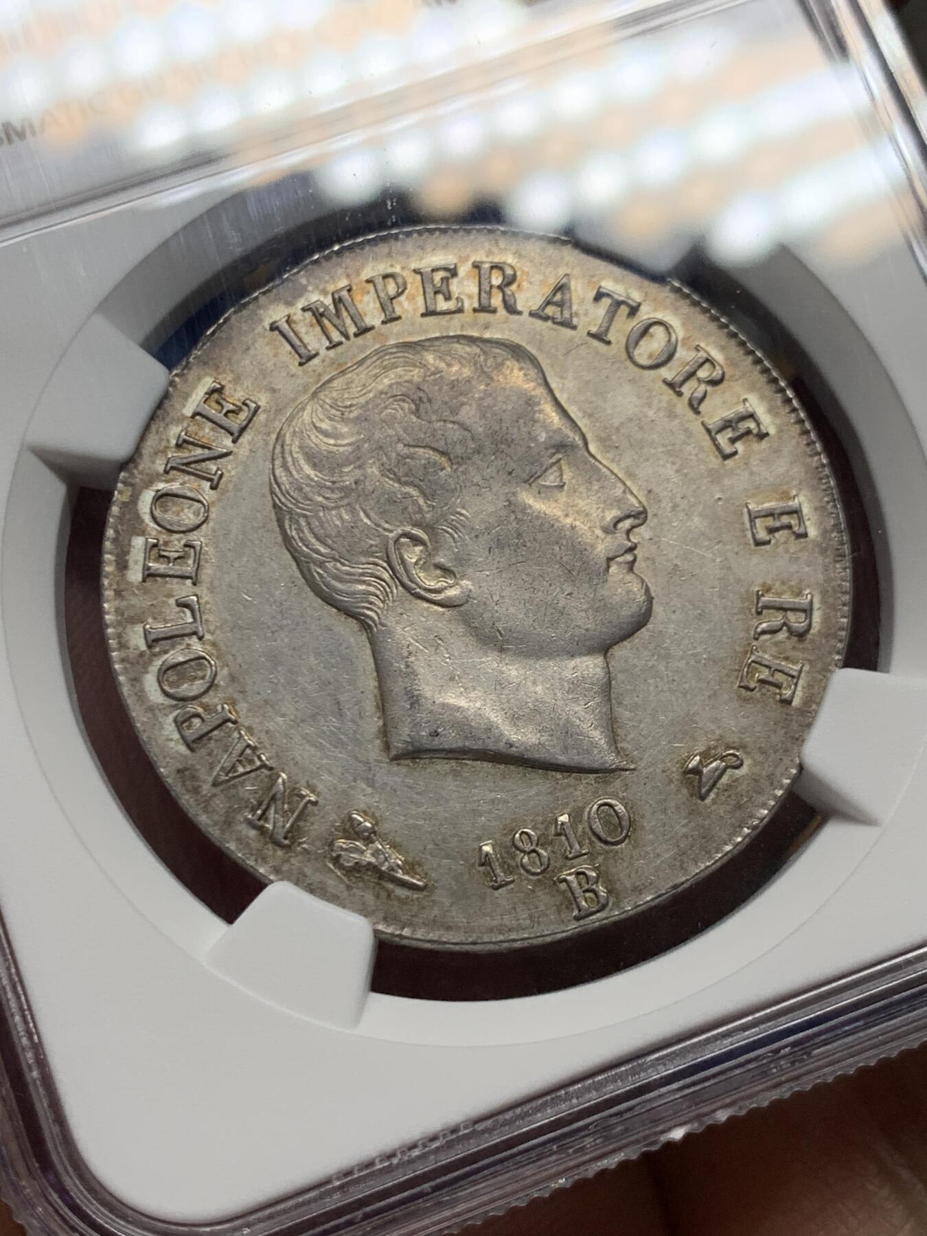 《竞宝斋》第474场 周日，周一 2场连拍 （全场包邮）欢迎送拍 NGC UNCD 拿破仑一世1810年意大利王国5里拉银币