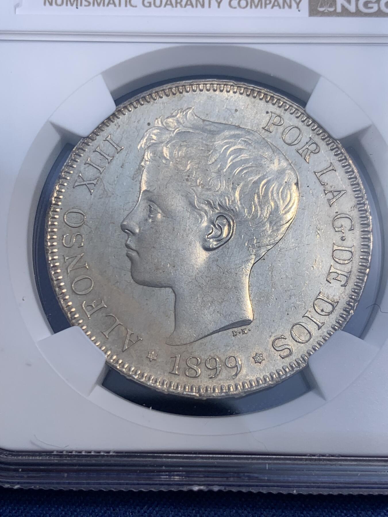 《竞宝斋》第474场 周日，周一 2场连拍 （全场包邮）欢迎送拍 NGC UNCD 西班牙1899年阿方索少年头5比塞塔银币