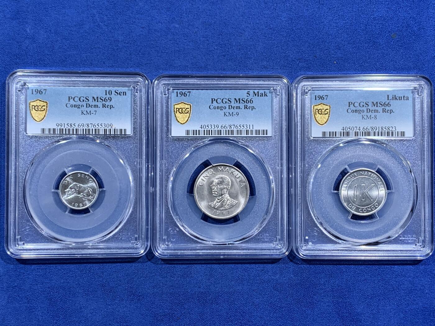 《竞宝斋》第474场 周日，周一 2场连拍 （全场包邮）欢迎送拍 3枚一组 PCGS MS66/69 刚果1967年三枚套，强转光分数狂野三枚均为冠军分