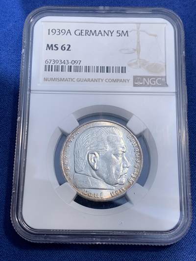 《竞宝斋》第474场 周日，周一 2场连拍 （全场包邮）欢迎送拍 - NGC MS62 德国1939A兴登堡头像5马克银币