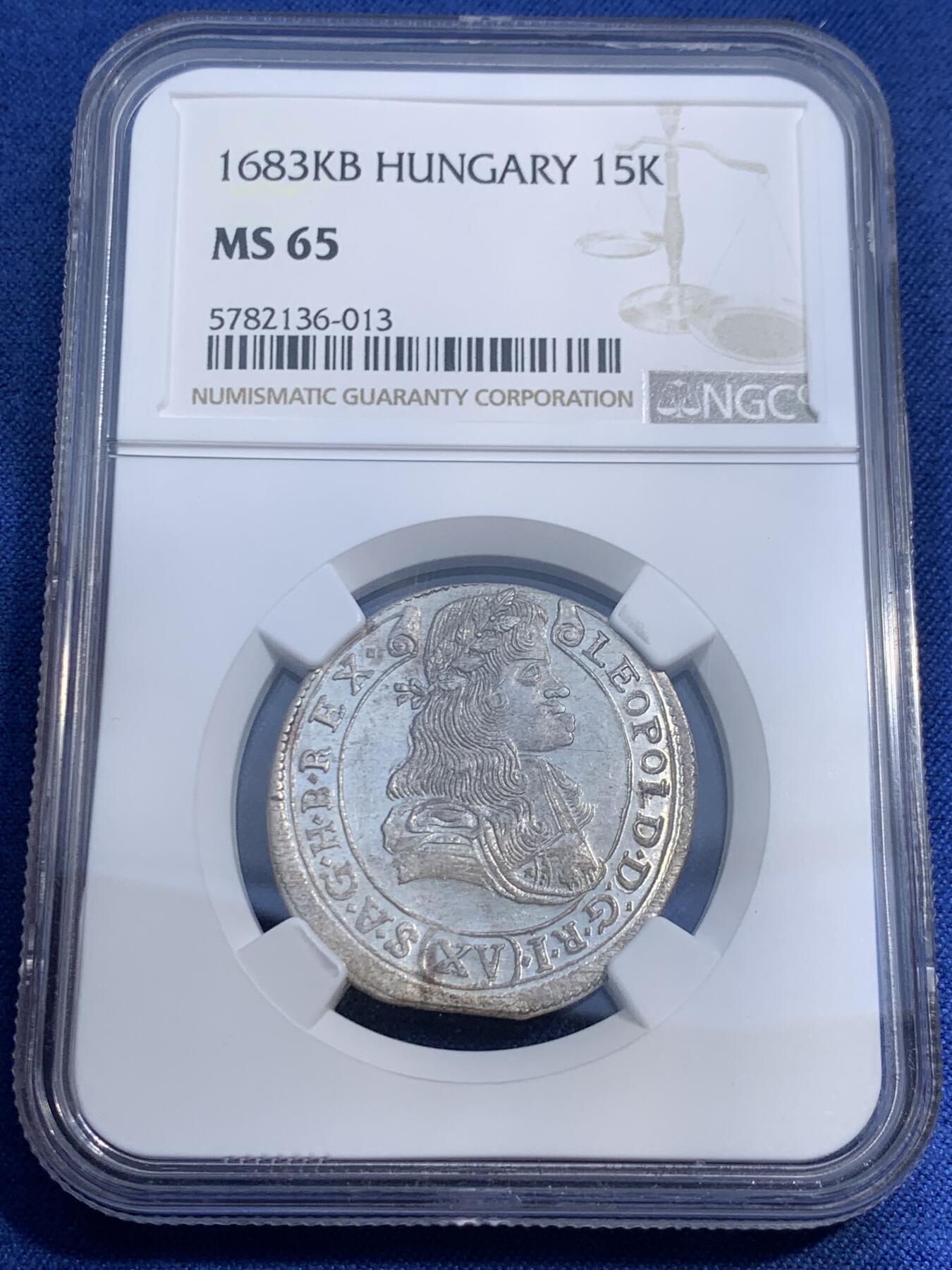 《竞宝斋》第474场 周日，周一 2场连拍 （全场包邮）欢迎送拍 NGC MS65 神圣罗马帝国1683年利奥波德一世15克鲁泽银币 无与伦比的光泽和顶尖分数，状态极佳，银霜满满，匈牙利厂圣母抱婴，亚军分，更高分仅1枚。