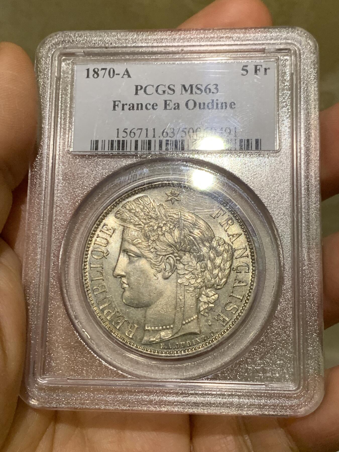 《竞宝斋》第474场 周日，周一 2场连拍 （全场包邮）欢迎送拍 PCGS MS63 法兰西第三共和国 1870A 谷物女神 5法郎 三共女神比二共少得多 此枚铸打精美 包浆老道 整体呈现灰黑色调