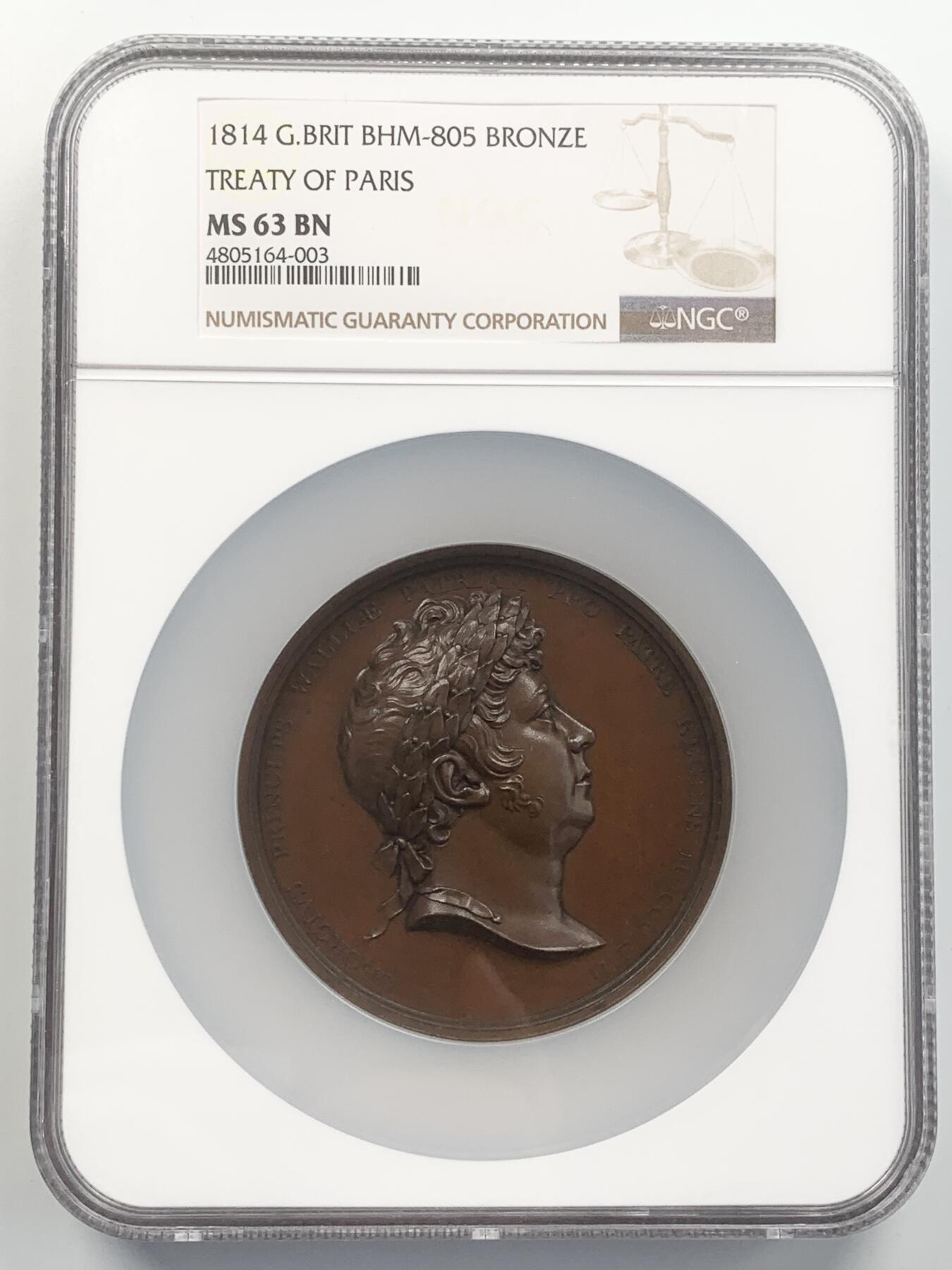 掌中浮雕-藏着的欧洲第056场 NGC MS63 ：1814年巴黎条约铜章， 69mm，J Barber and T Wyon作品，正面为当时摄政未来的乔治四世