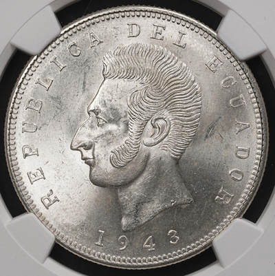 修遠堂世界钱币第109期 - NGC MS64 1943年厄瓜多尔5 苏克雷大银币
