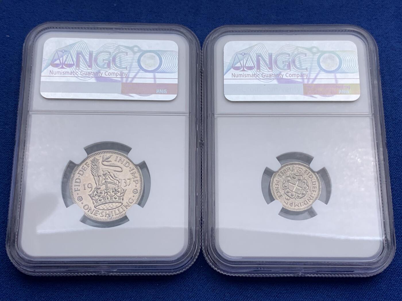 《竞宝斋》第474场 周日，周一 2场连拍 （全场包邮）欢迎送拍 11枚一组 含7枚银币 NGC PF62-65 英国1937年乔六首年1/4P-1克朗精制币