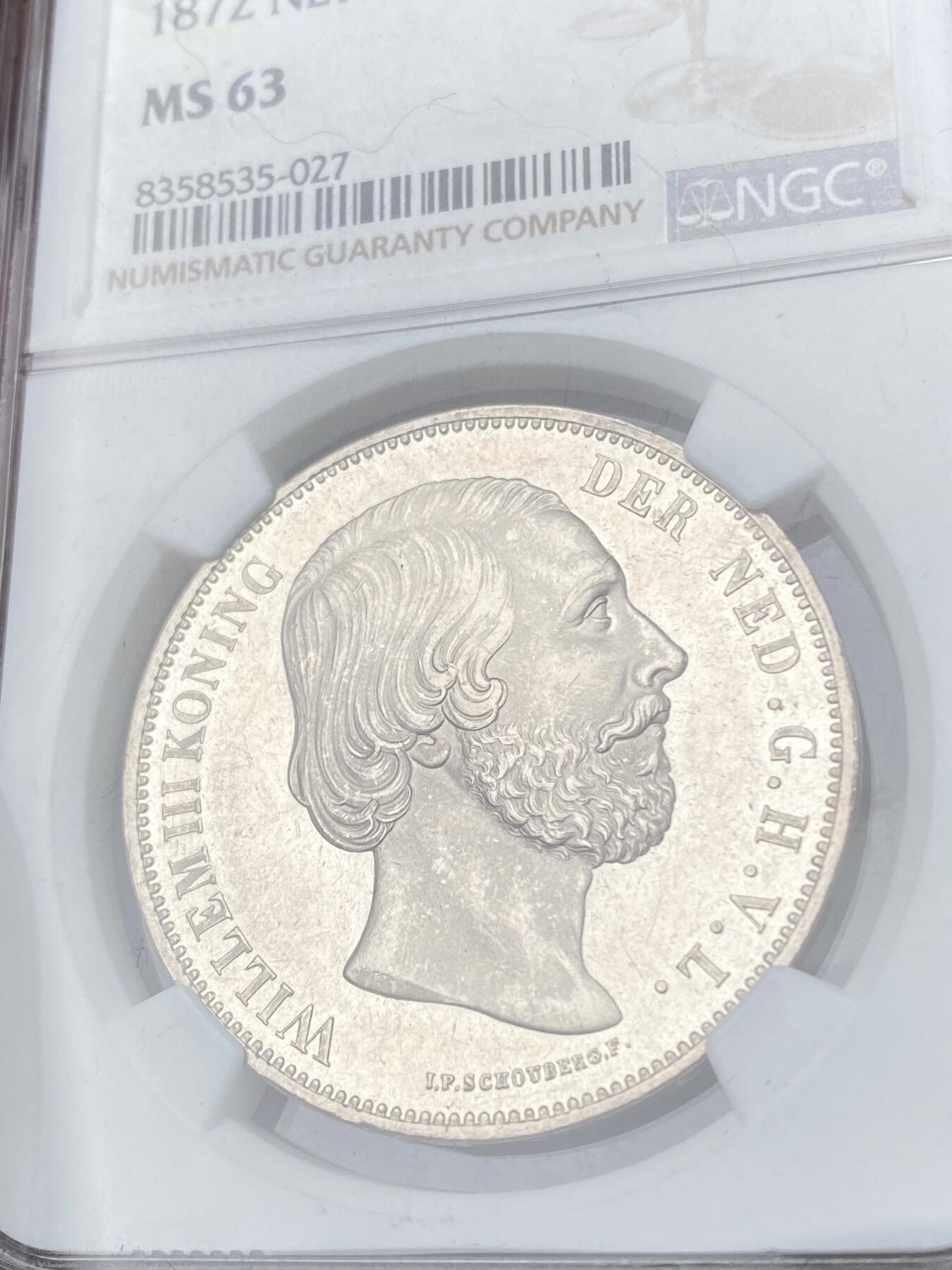万国钱币拍卖第063期 NGC MS63 1872年荷兰王国威廉三世2.5盾大银 大量流通品种 好品难度不小 银霜转光收藏级