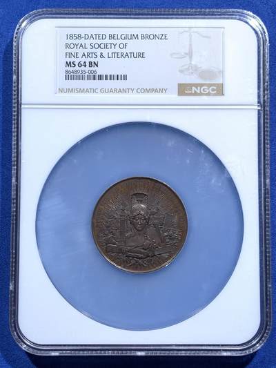 《竞宝斋》第474场 周日，周一 2场连拍 （全场包邮）欢迎送拍 - NGC MS64BN 比利时1858皇家美术与文学协会50周年庆典铜章 巧克力色雅典娜与衔尾蛇