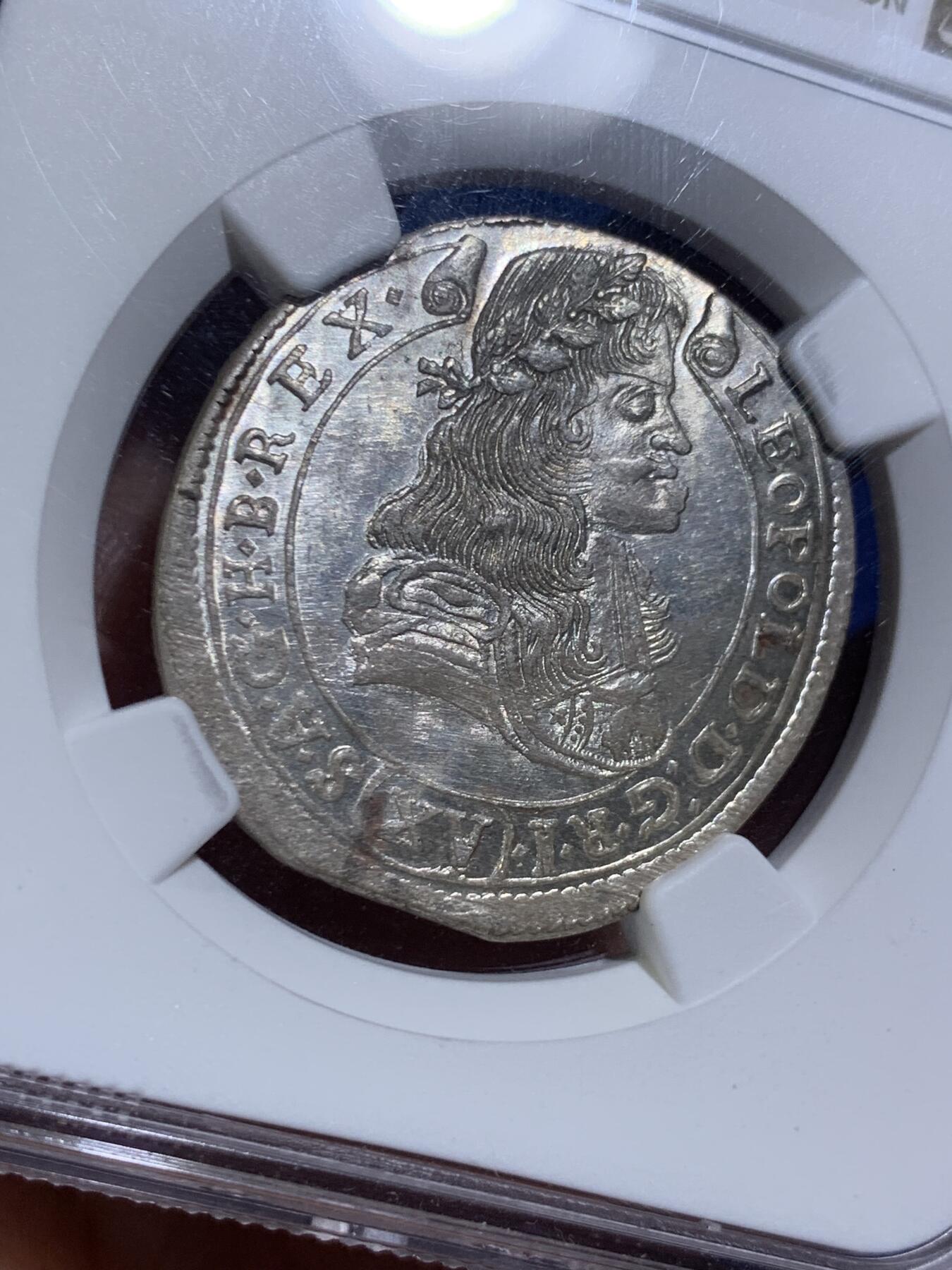 《竞宝斋》第474场 周日，周一 2场连拍 （全场包邮）欢迎送拍 NGC MS65 神圣罗马帝国1683年利奥波德一世15克鲁泽银币 无与伦比的光泽和顶尖分数，状态极佳，银霜满满，匈牙利厂圣母抱婴，亚军分，更高分仅1枚。