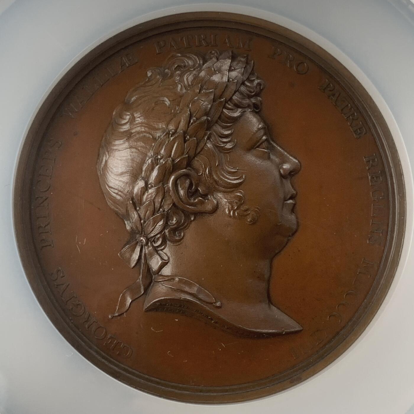 掌中浮雕-藏着的欧洲第056场 NGC MS63 ：1814年巴黎条约铜章， 69mm，J Barber and T Wyon作品，正面为当时摄政未来的乔治四世