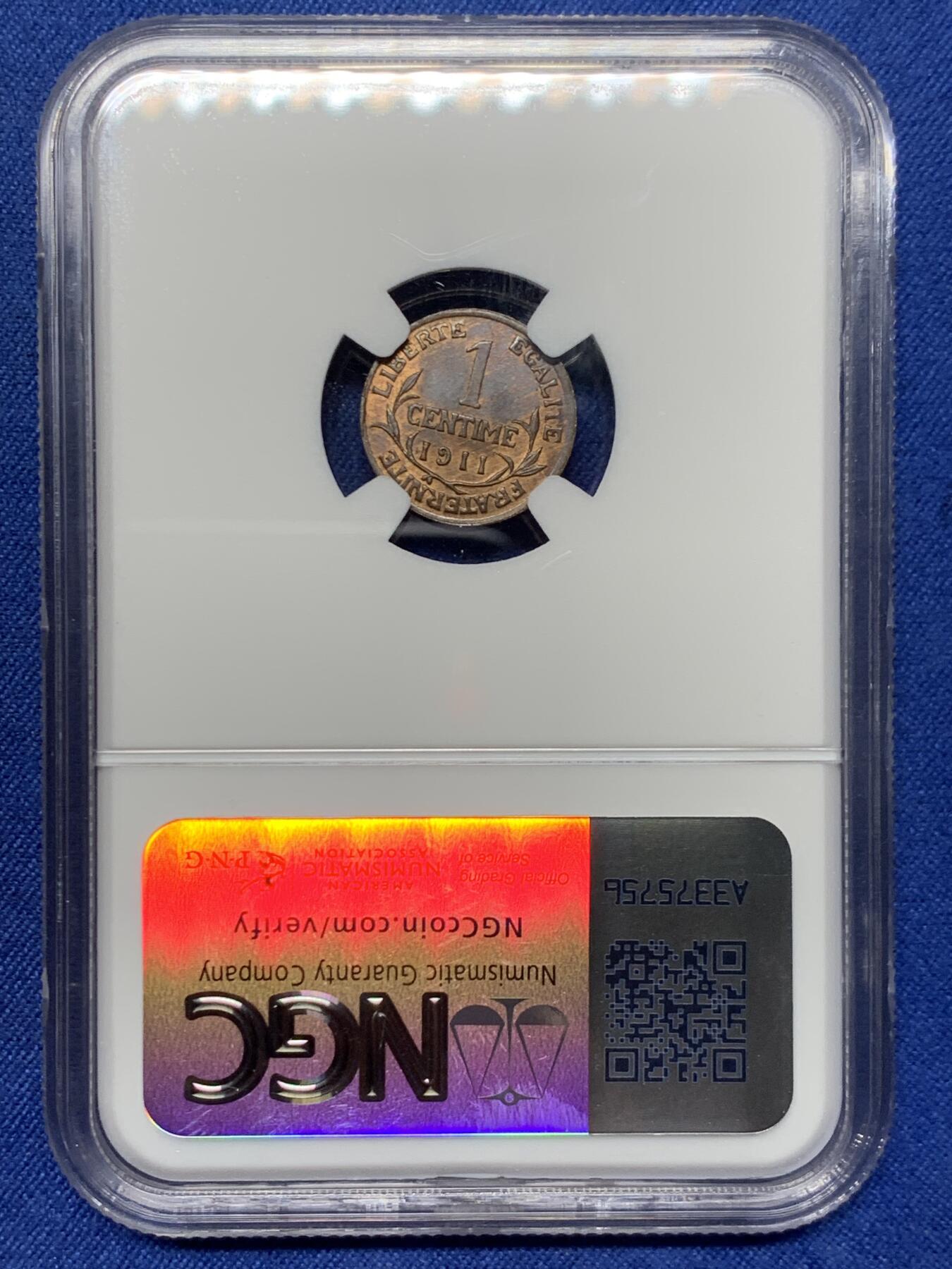 《竞宝斋》第474场 周日，周一 2场连拍 （全场包邮）欢迎送拍 NGC MS64RB 法国1911年1分铜币 经典女神图案 冠军分