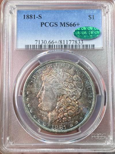 万国钱币拍卖第063期 - PCGS MS66+ 1881年S版美国摩根女神一美元银币 绚丽火烧云渐变七彩倒影包浆 GEM顶级品质 CAC绿标认证