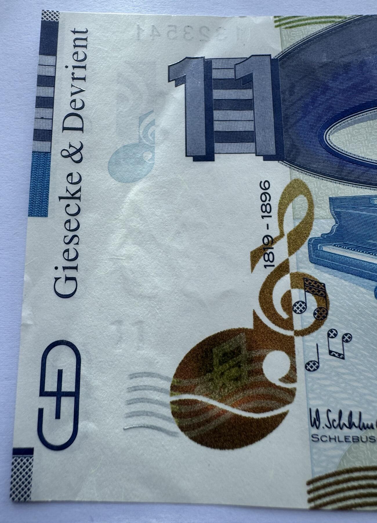 2026第5场（总第232期）：精品测试钞、外钞综合场 捷德G&D “钢琴家克拉拉”Varifeye窗口测试钞（左侧有压痕）