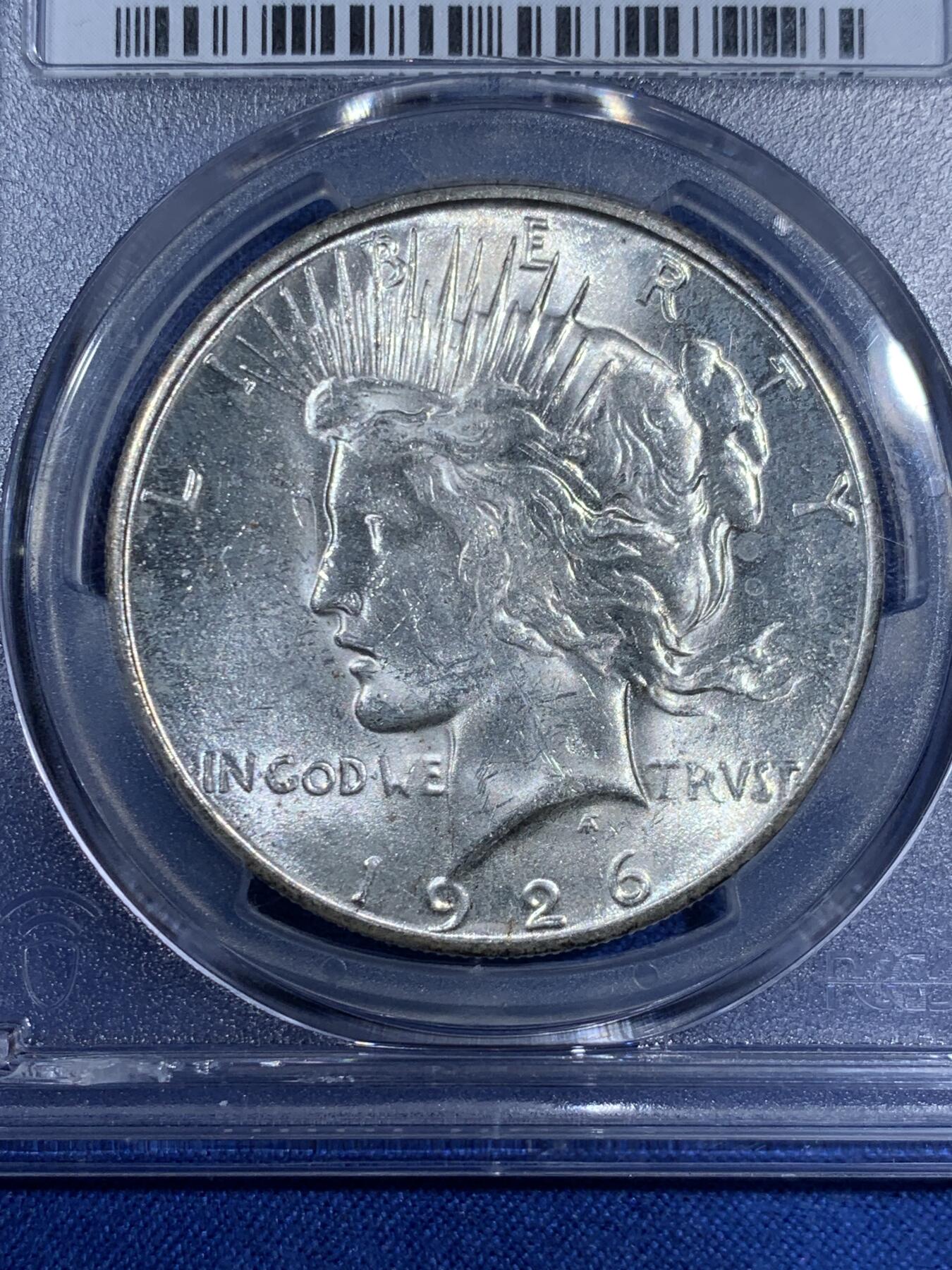 《竞宝斋》第474场 周日，周一 2场连拍 （全场包邮）欢迎送拍 PCGS MS63 美国1926 S 和平银币 稀有年份版别 中国市场少见 转光犀利 打制精细 值得收藏 盒子支撑有磕