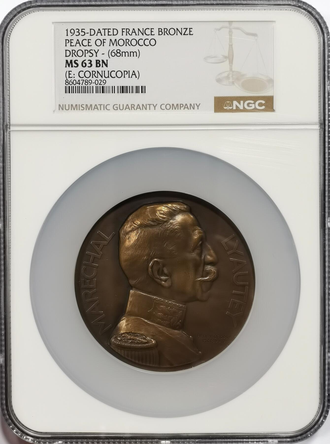 博洋堂“芳菲春韵”3月精品大拍专场暨第166期（全场包邮） NGC MS63BN 法国1935年摩洛哥和平纪念大铜章，68mm大尺寸