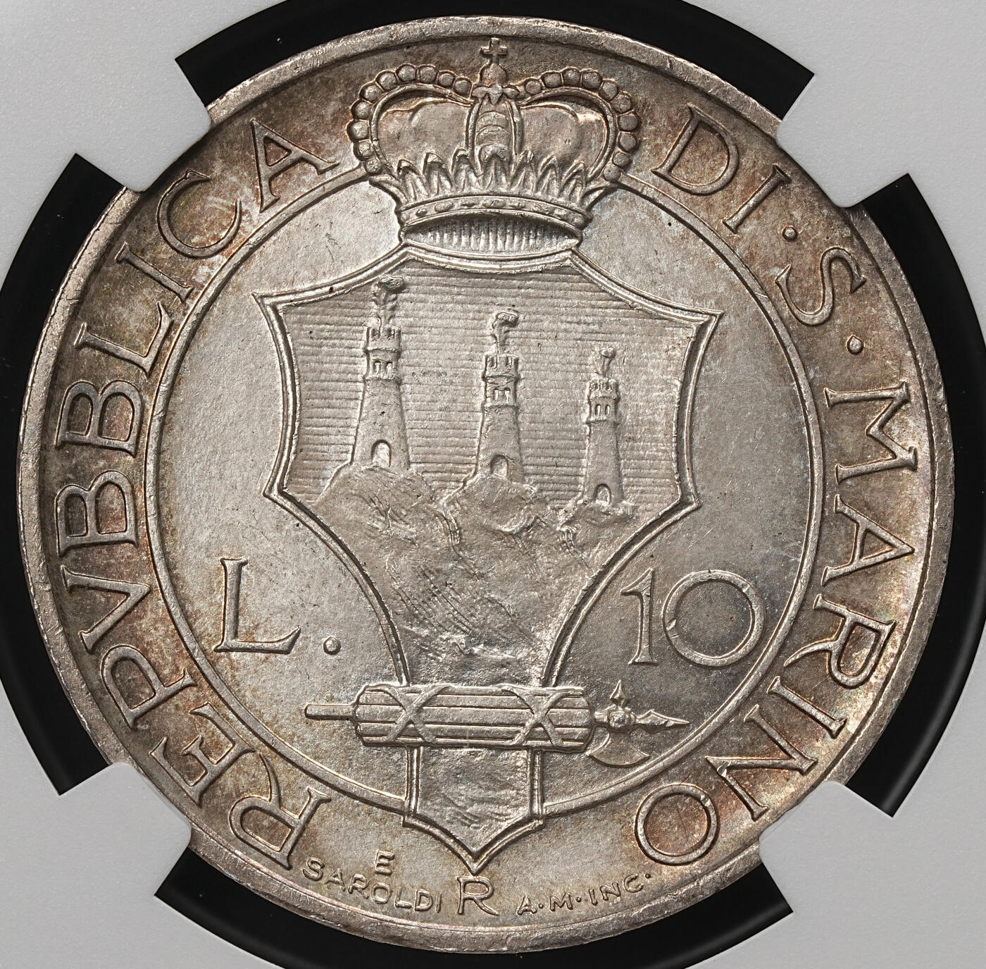修遠堂世界钱币第109期 NGC MS64 1935年圣马力诺10里拉银币，纸袋包浆