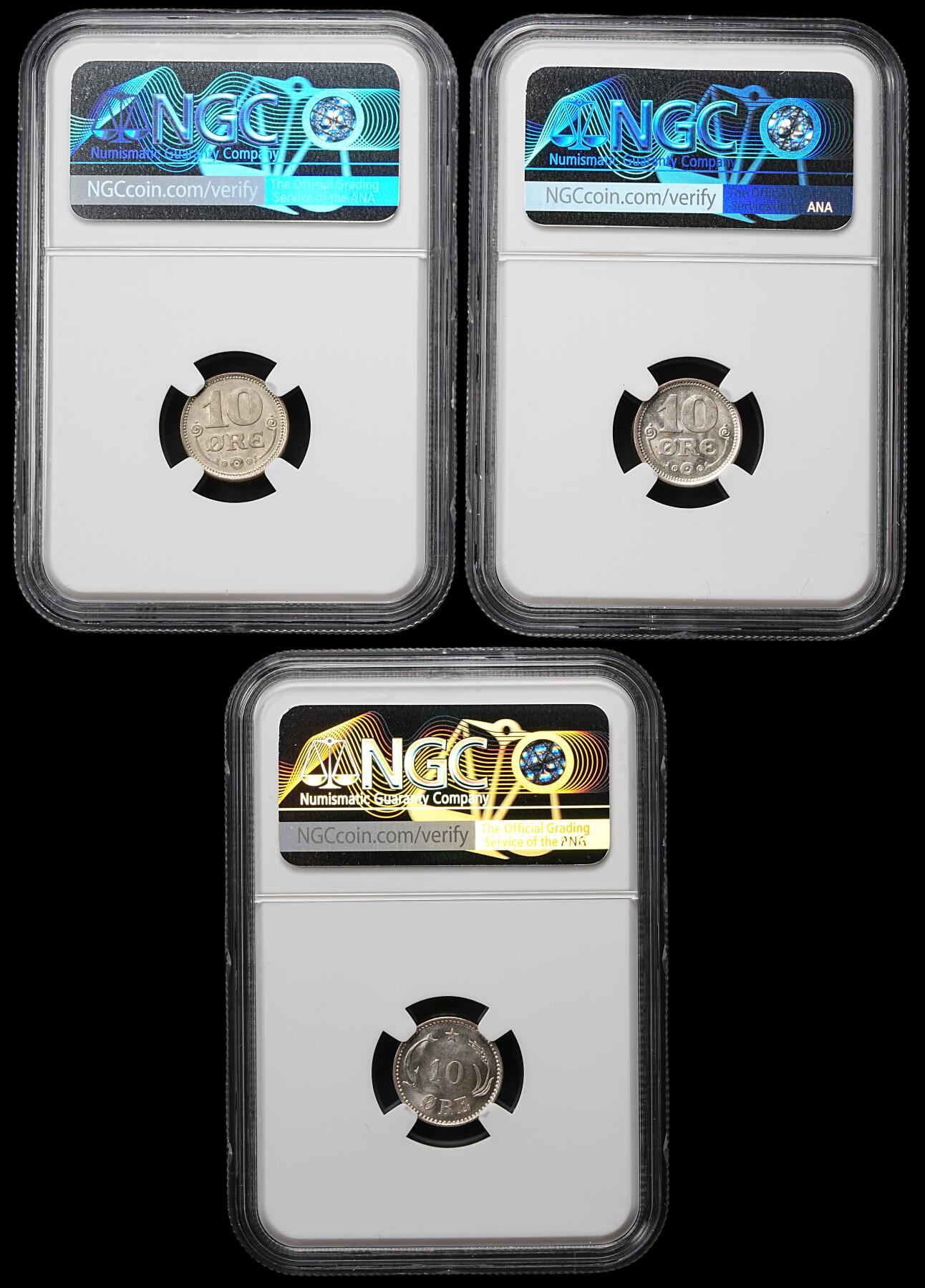 修遠堂世界钱币第109期 NGC评级 丹麦10欧尔银币3枚