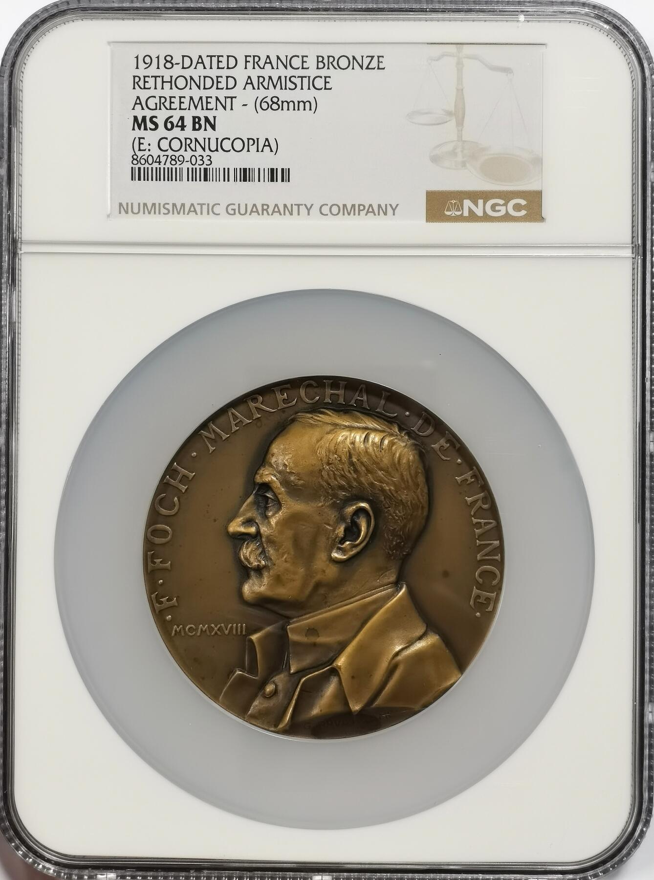 博洋堂“芳菲春韵”3月精品大拍专场暨第166期（全场包邮） NGC MS64BN 法国1918年雷通德停战协定纪念大铜章，68mm，用以纪念第一次世界大战结束时的重大历史事件——贡比涅森林停战协定的签署